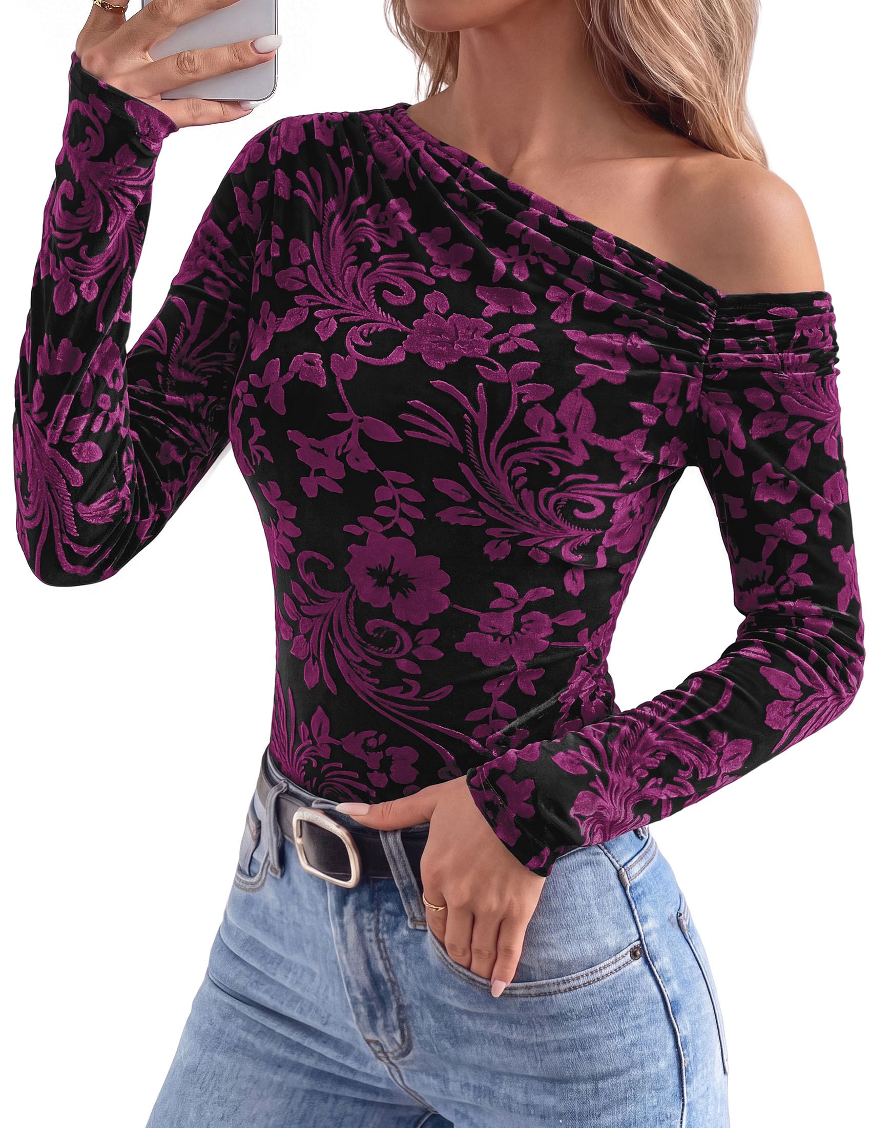 Off the Shoulder Tops for Women Fall Mesh Floral Blouses