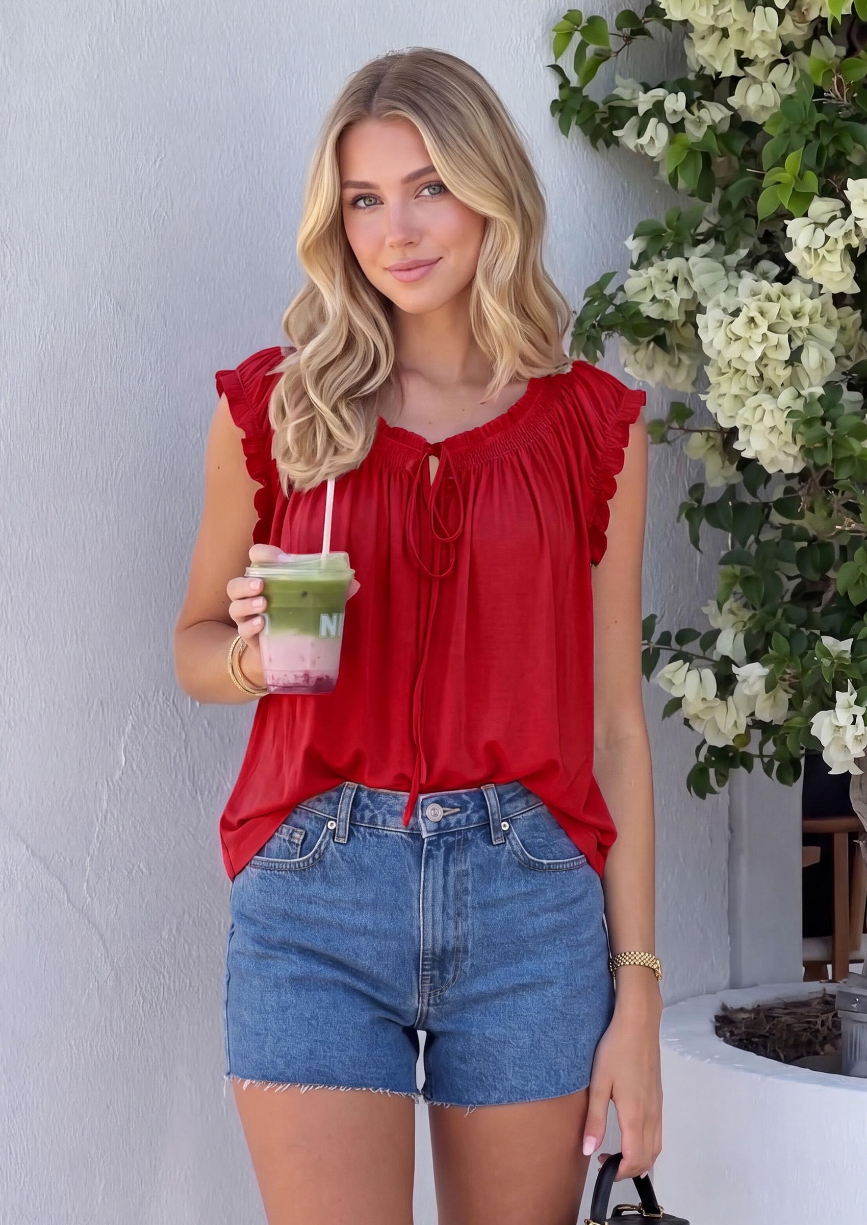 Womens Summer Tank Tops Babydoll Peplum Blouses,Red,S