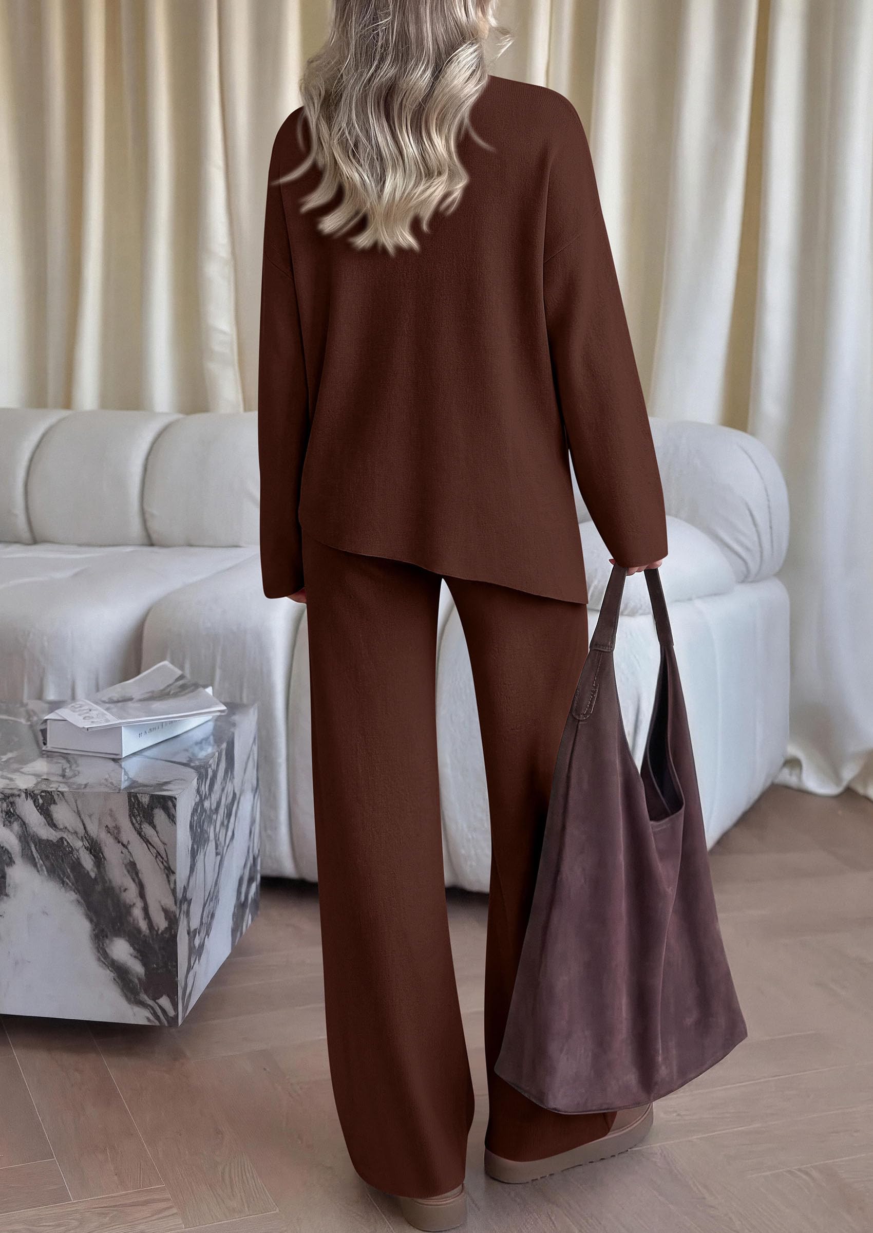 Womens Fall 2 Piece Asymmetric Cozy Sweater Travel Lounge Sets