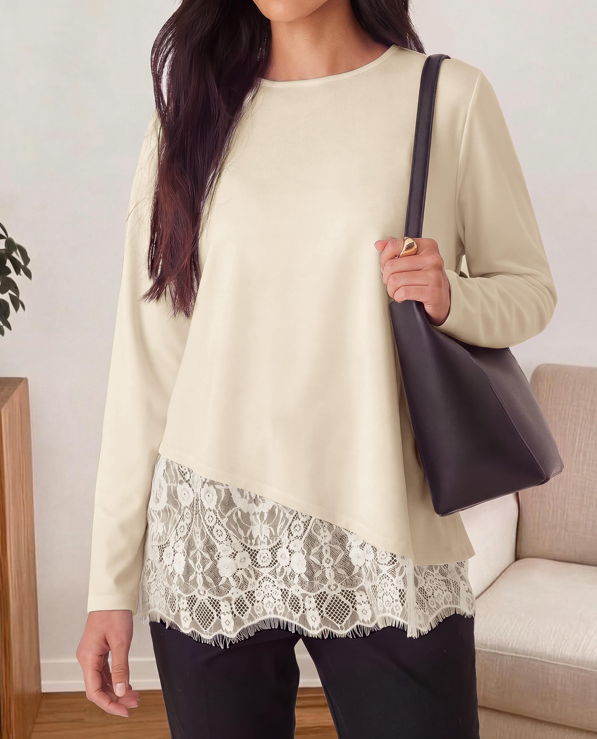 Women's Lace Patchwork Long Sleeve Shirts,Beige,XL