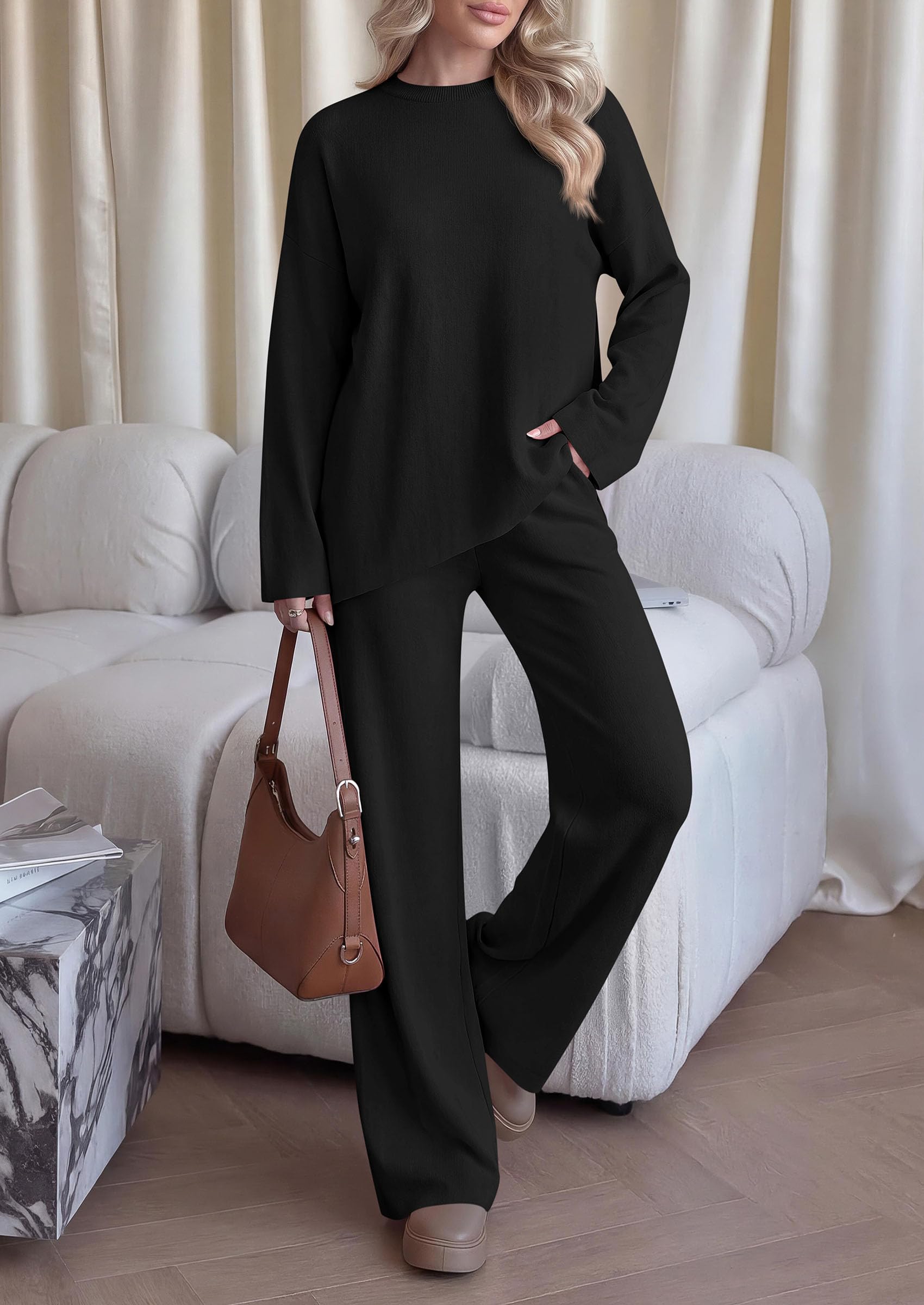 Womens Fall 2 Piece Asymmetric Cozy Sweater Travel Lounge Sets