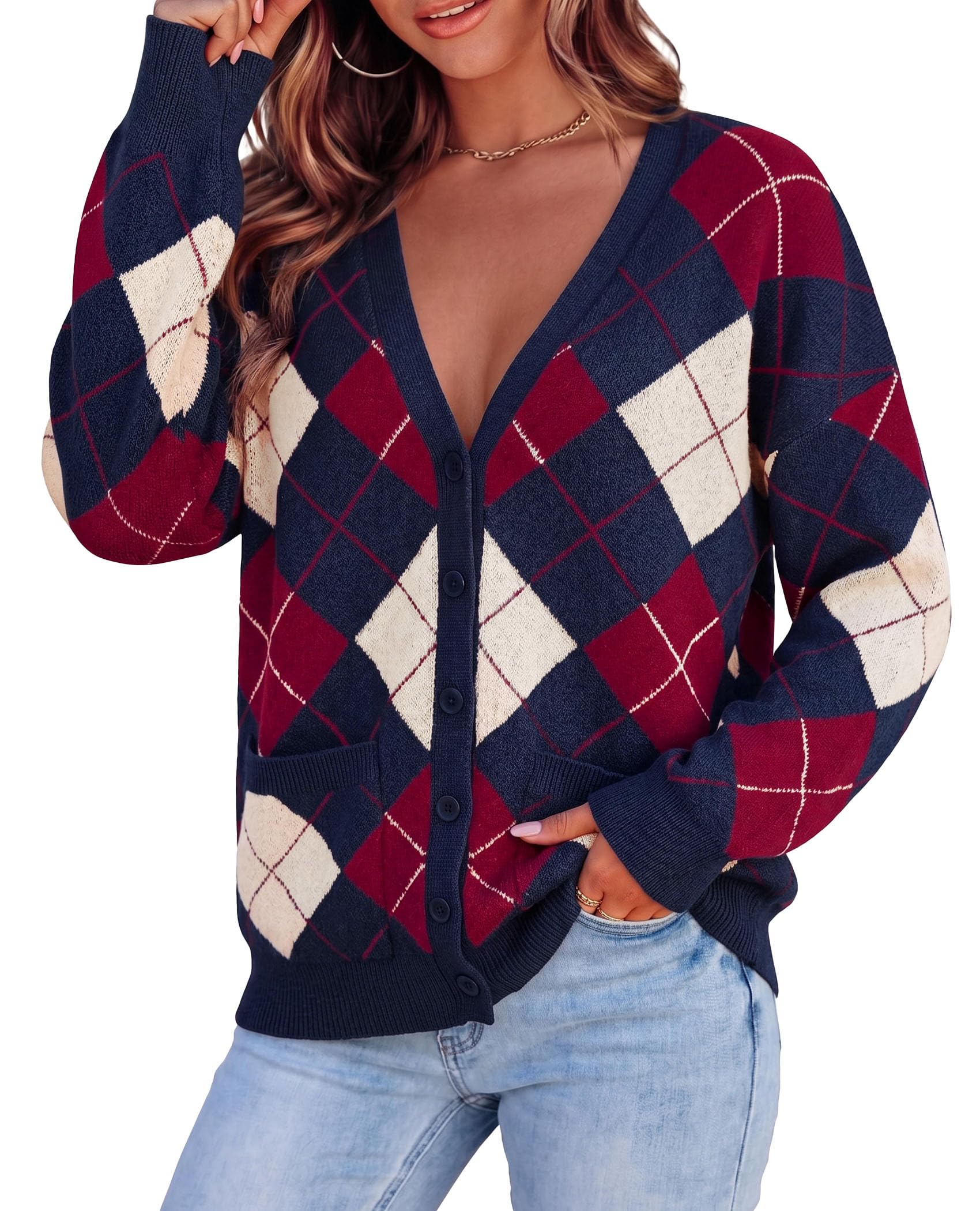 Women's Cardigan Argyle Winter Sweaters (Plaid Navy Blue,S)