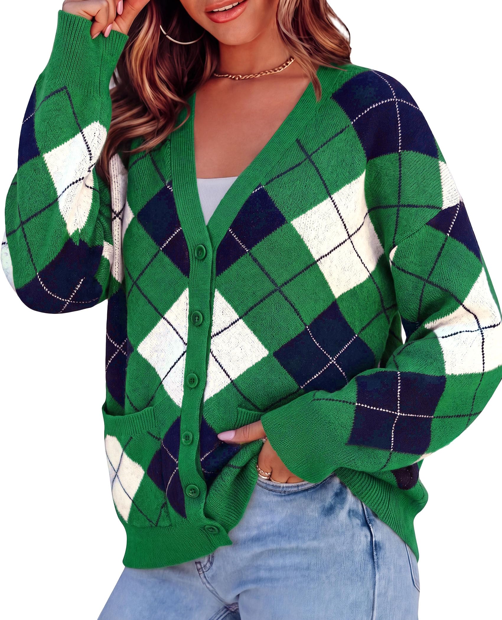 Women's Cardigan Argyle Winter Sweaters (Plaid Green,S)