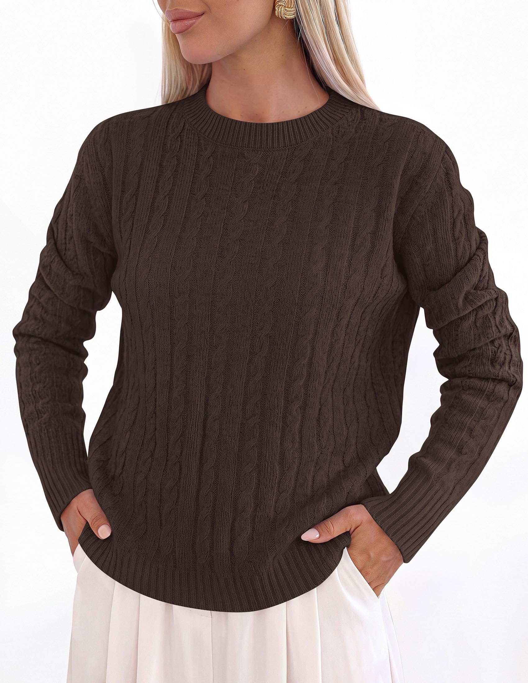 Womens Cable Knit Crewneck Fall Sweater Long Sleeve Tops 2026
