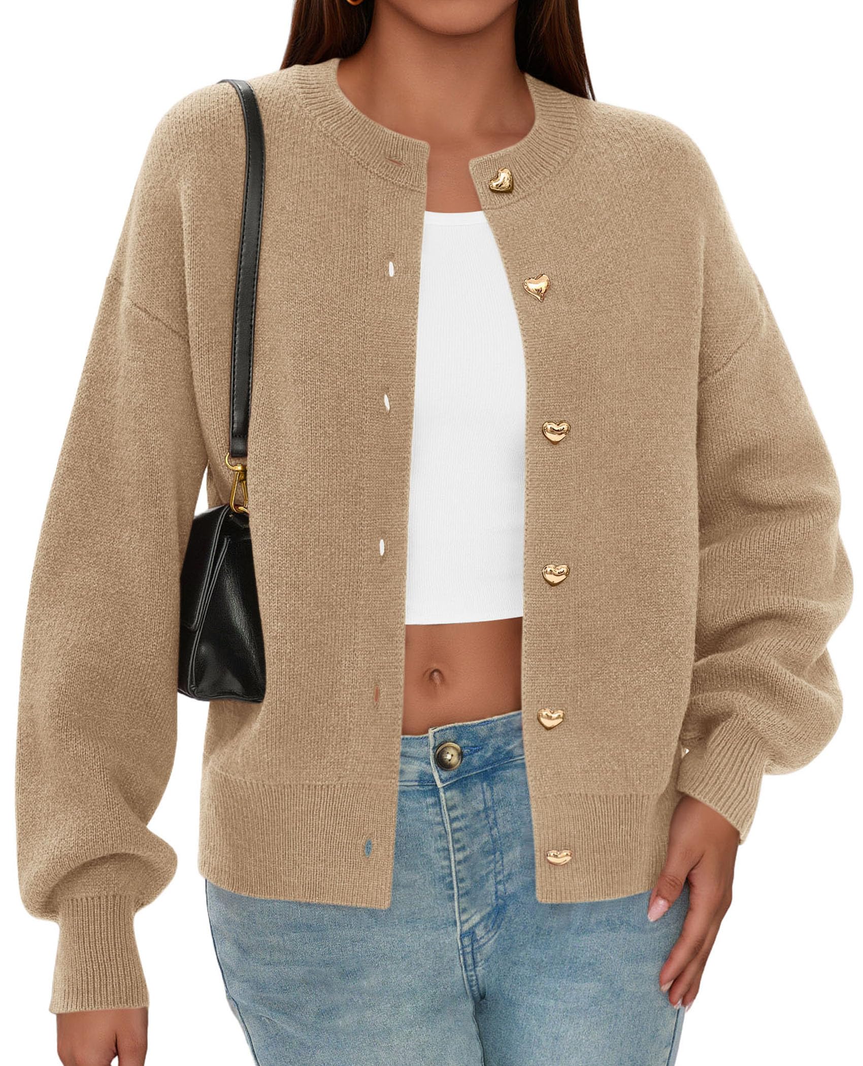 Women's Long Sleeve Button Up Cardigan,Khaki,S