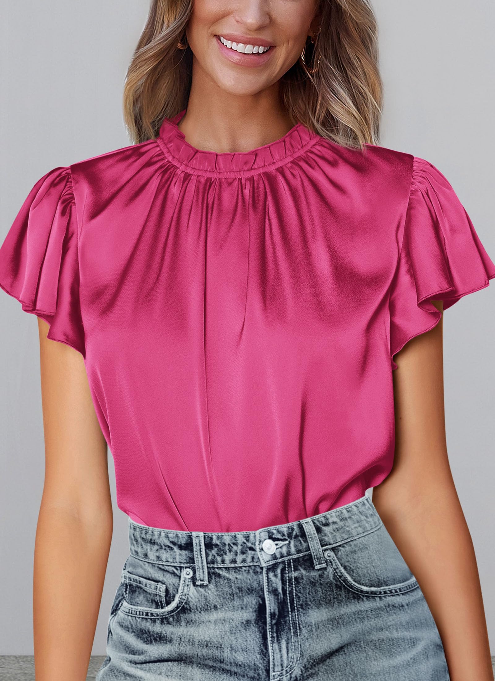 Women's Satin Tops Business Casual Work Blouses, Rose Red,S
