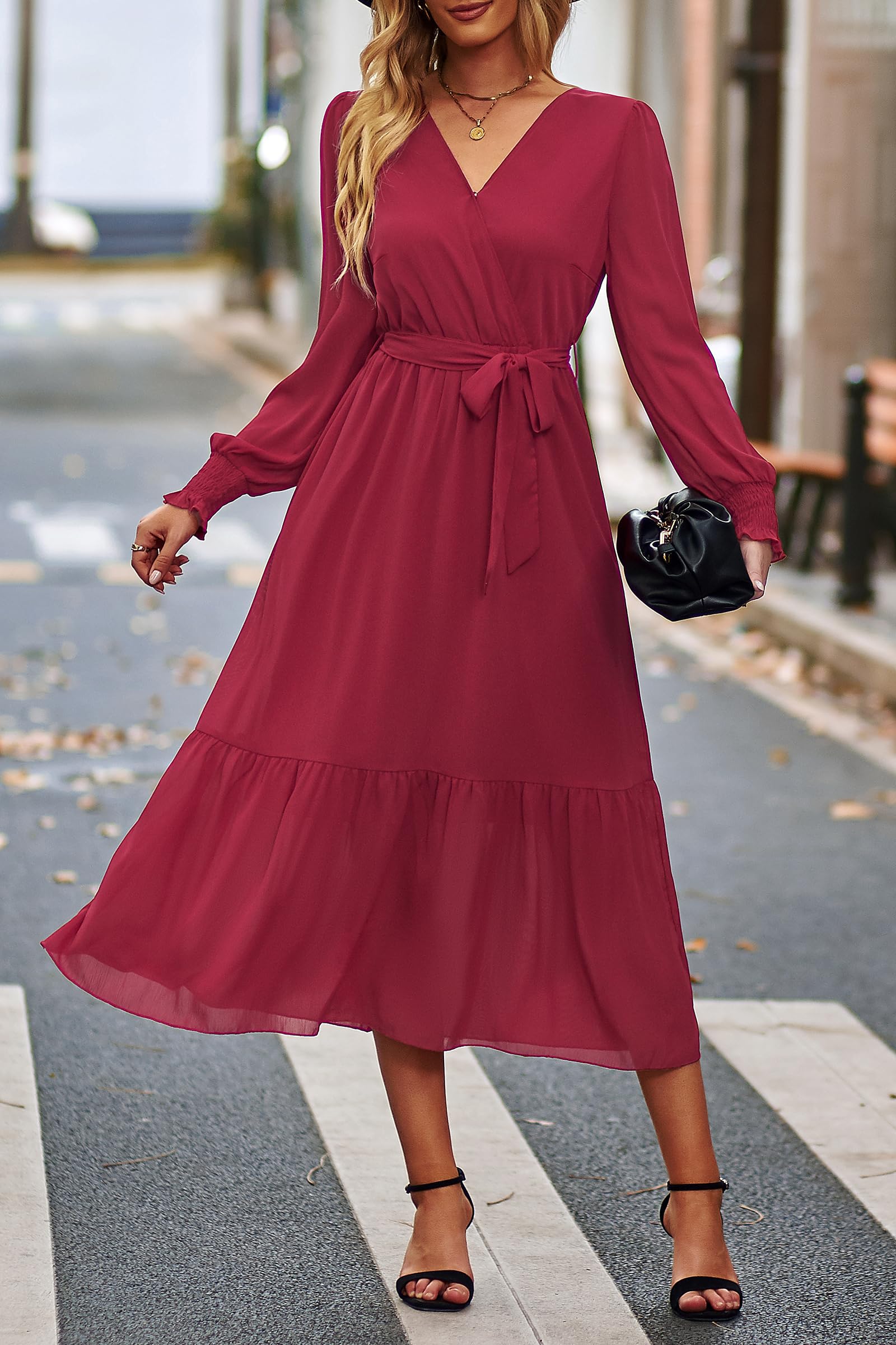 Women's Boho Long Sleeve Maxi Dress, Solid Wine Red,S