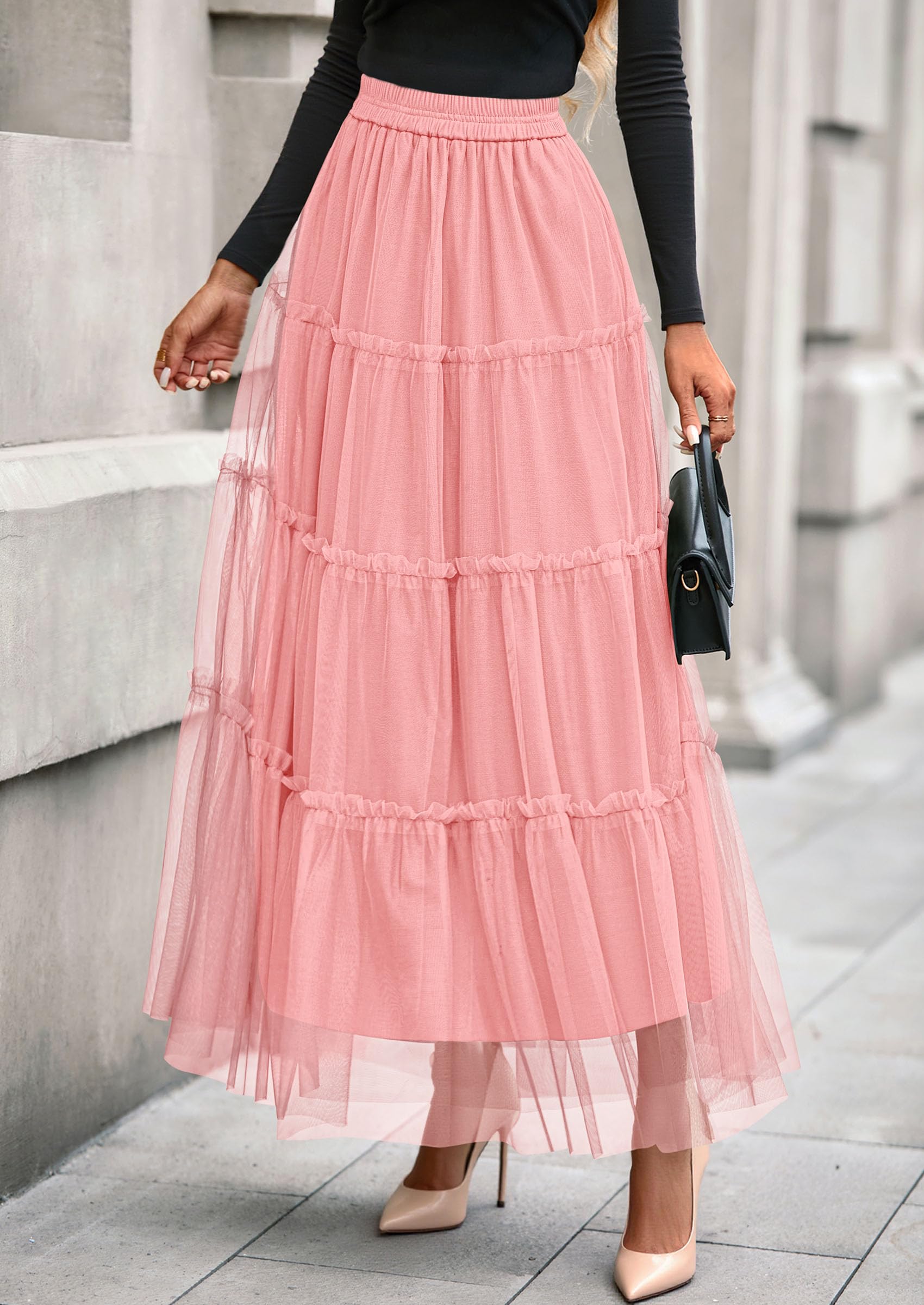 Women's Fall Soft Tulle Tiered Long Skirt,Light Pink,S