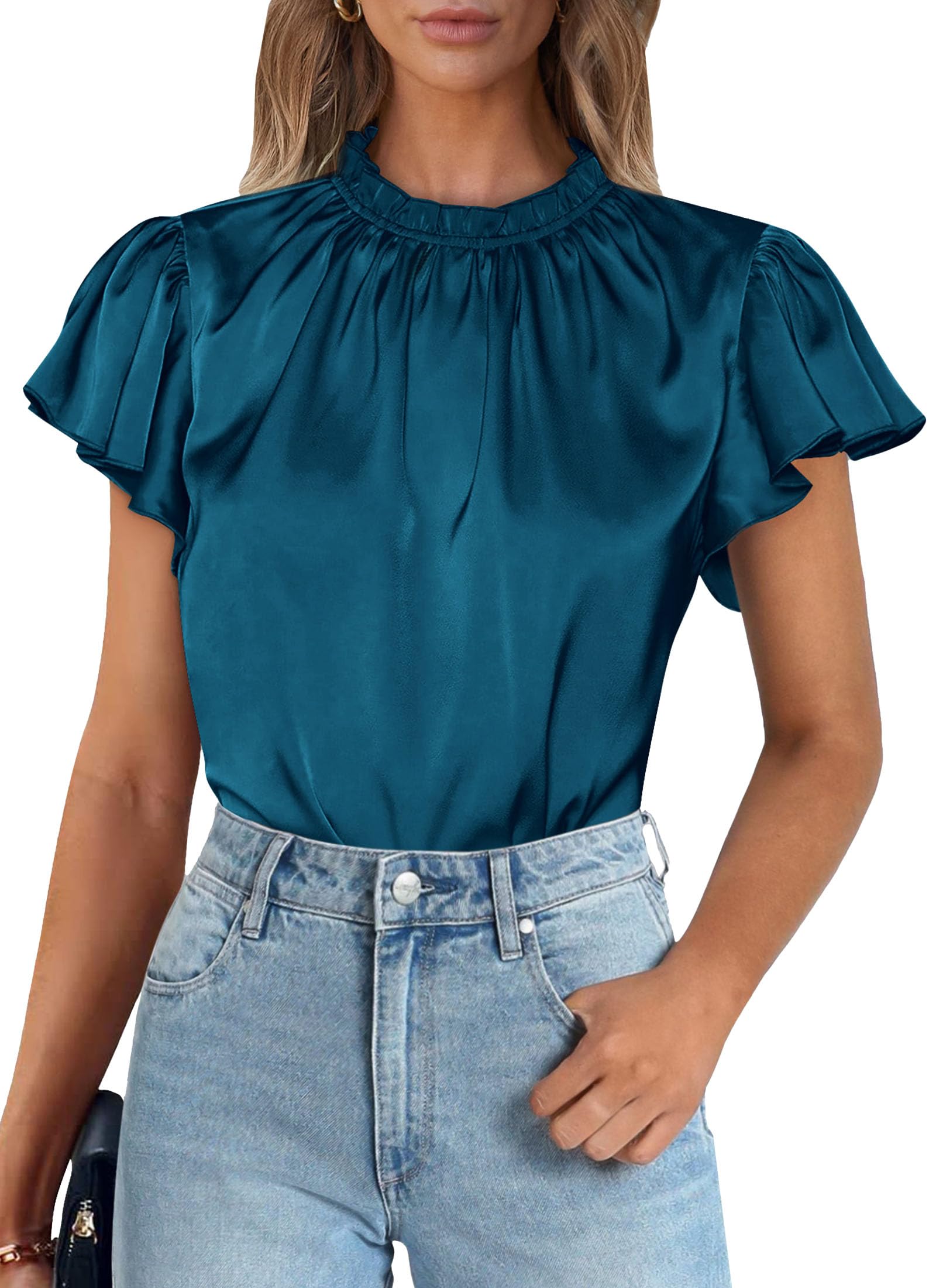 Women Satin Tops Business Casual Work Blouses, Dark Sea Blue,S