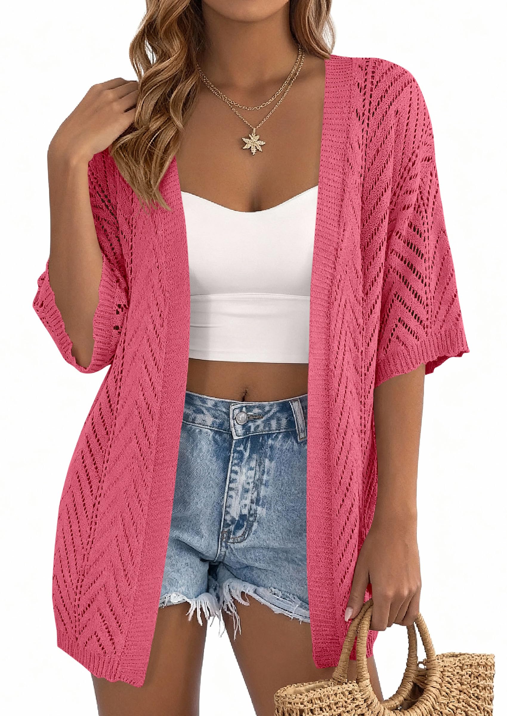 Women Lightweight Short Sleeve Cardigan, Watermelon Red,S