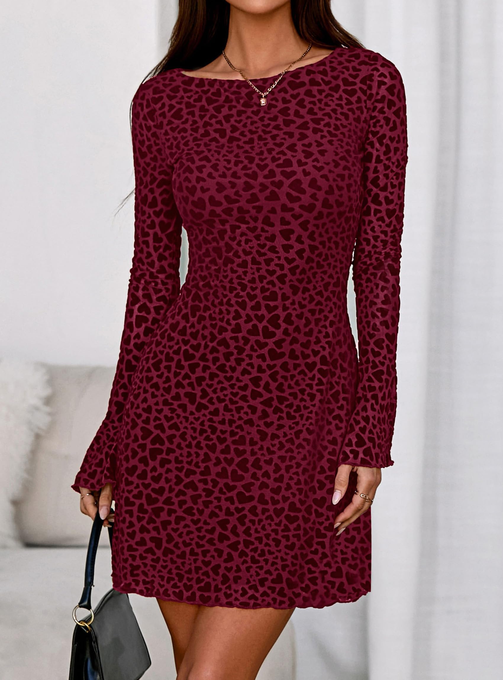 Women's Fall Floral Long Sleeve Mini Dress (Wine Red,XS)