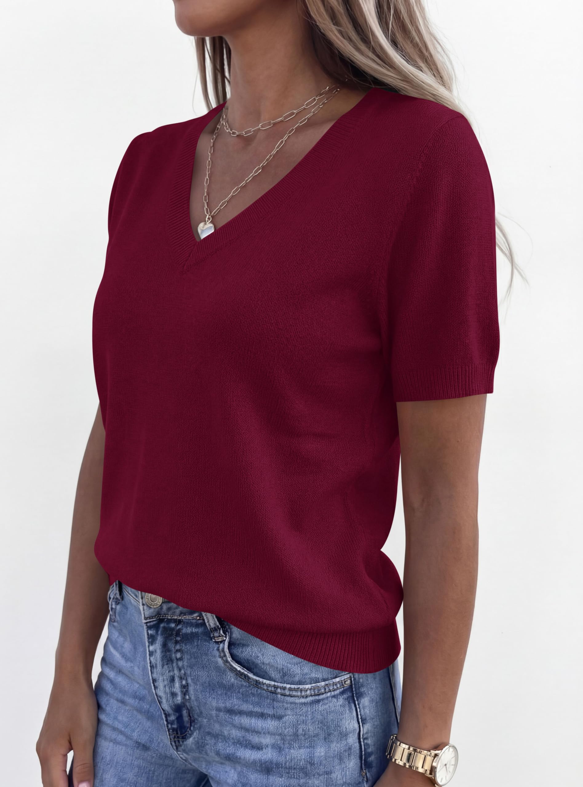 Womens Short Sleeve Sweater V Neck Tops,Wine Red,S
