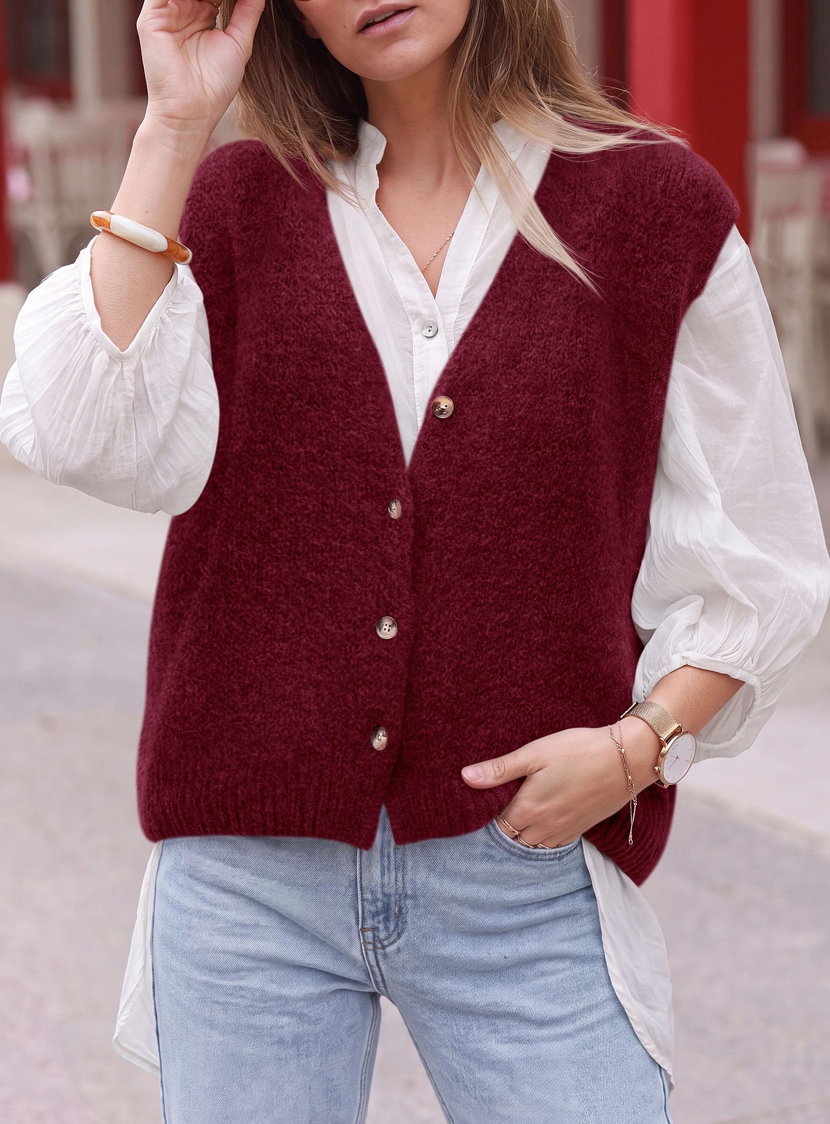 Womens Fall Sleeveless Button Down Sweater Vest,Wine Red,M