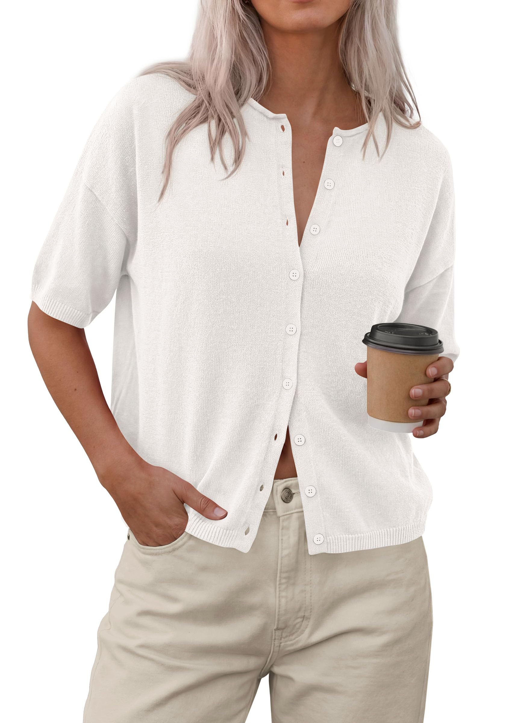 Women's Short Sleeve Cardigan Sweaters (White,Small)