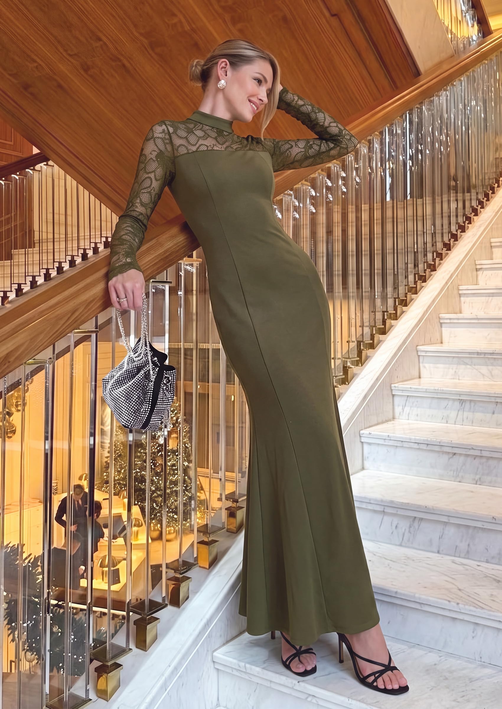 Women's Fall Lace Sheer Dress Bodycon Maxi Cocktail Dresses