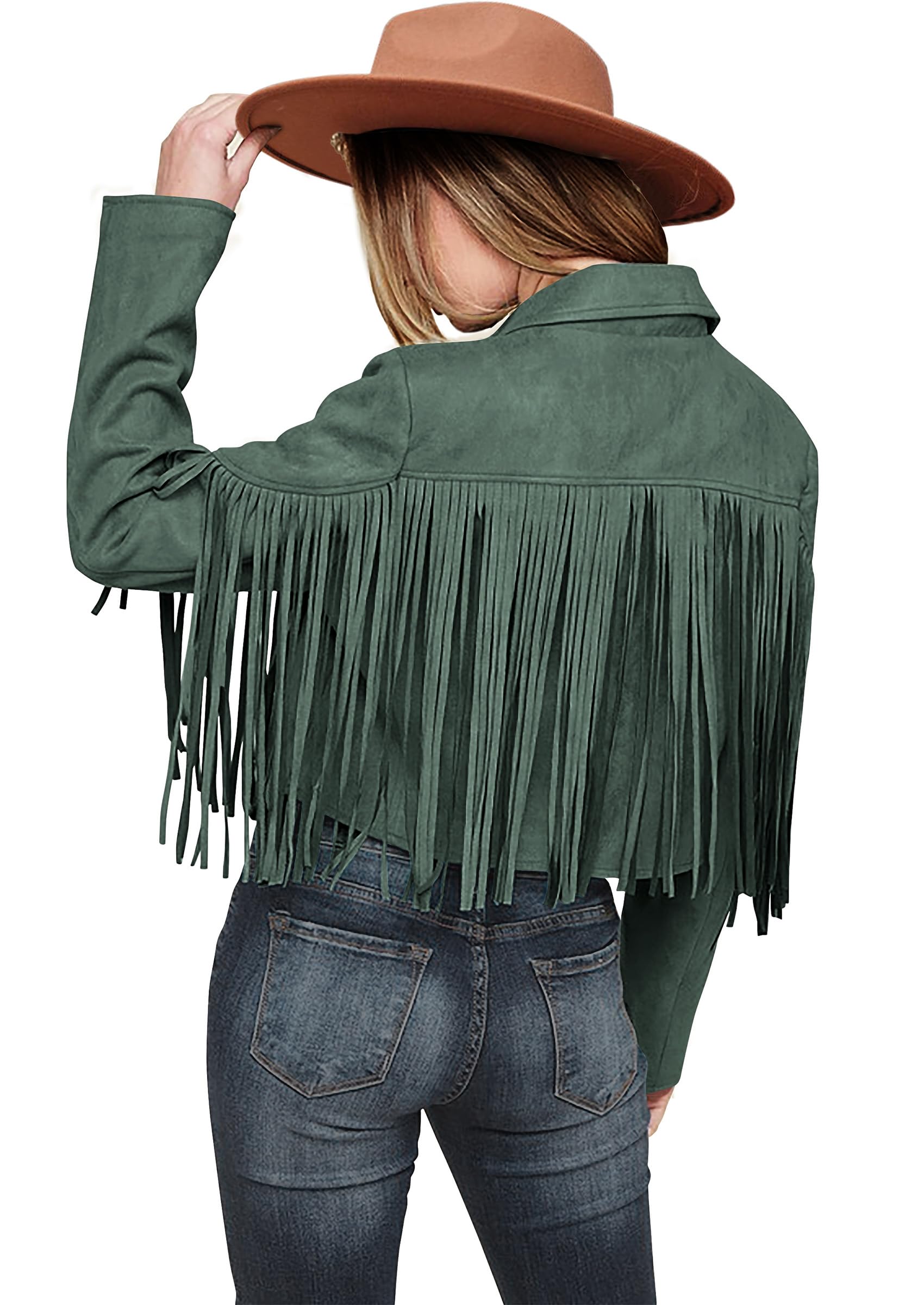 Women's Fringe Faux Suede Leather Jackets,Green,S