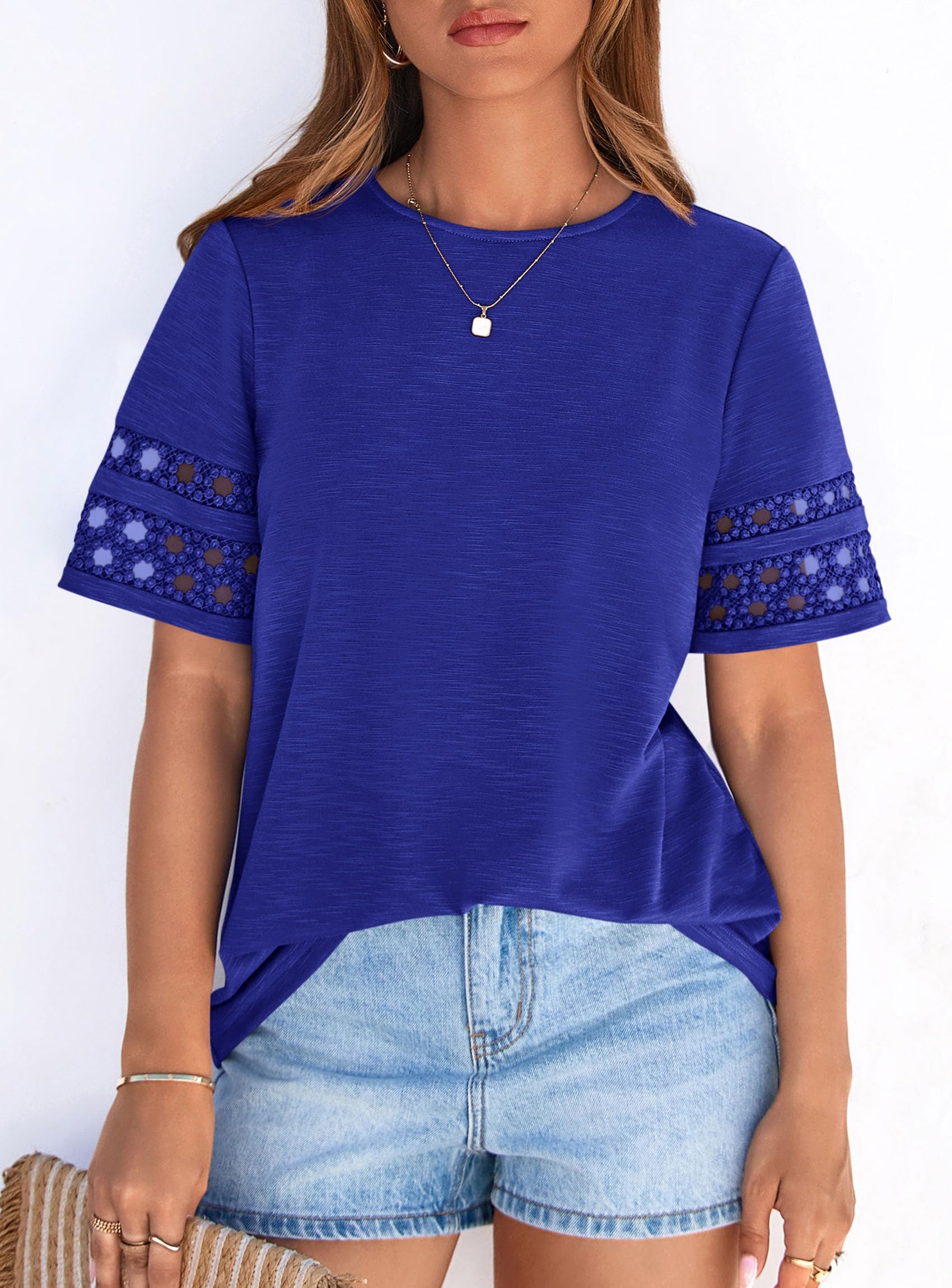 Women's Summer Short Sleeve Lace Trim T-Shirts,Royal Blue,S