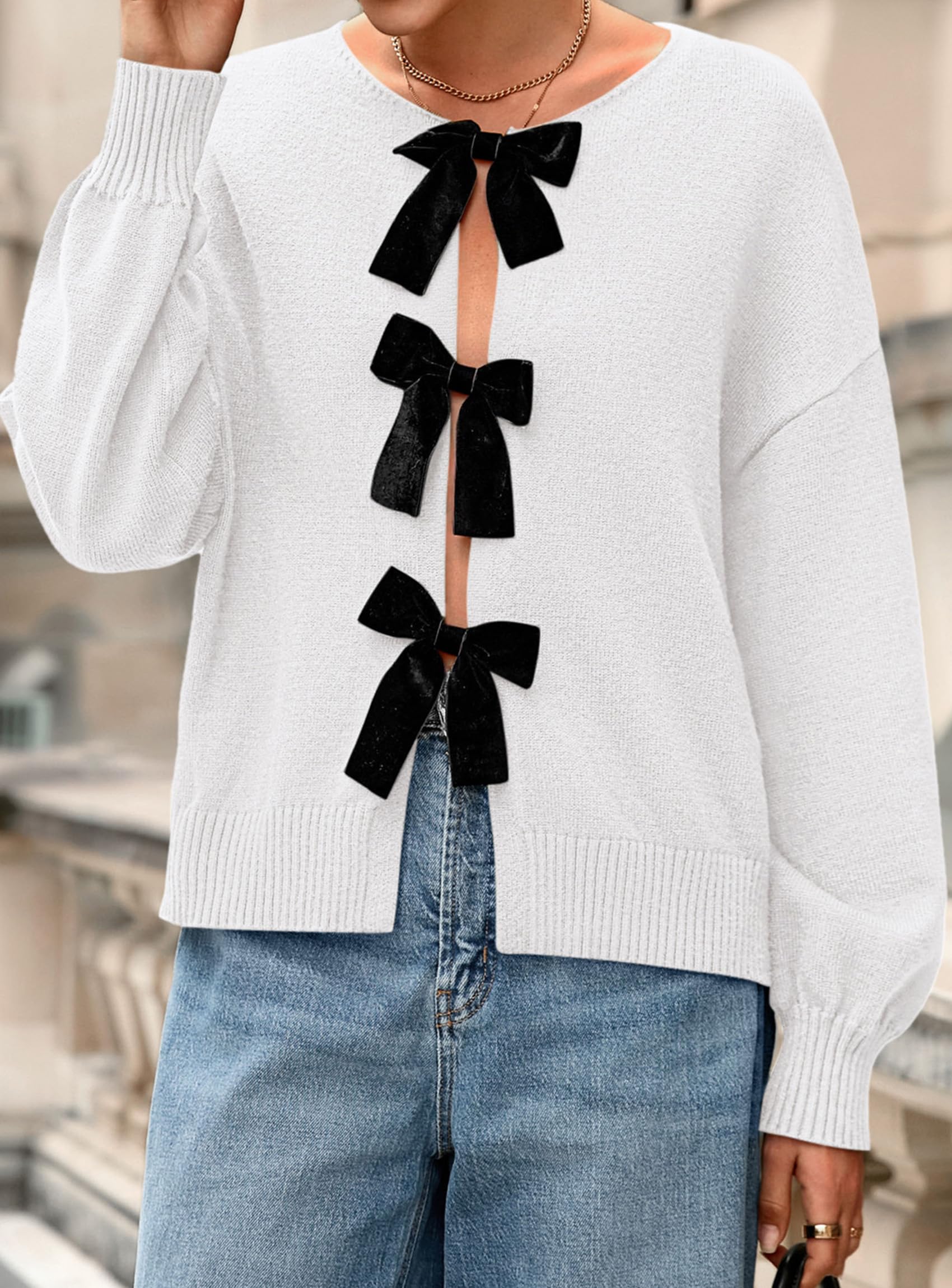 Women's Fall Bow Tie Front Cardigan Sweaters,White,S