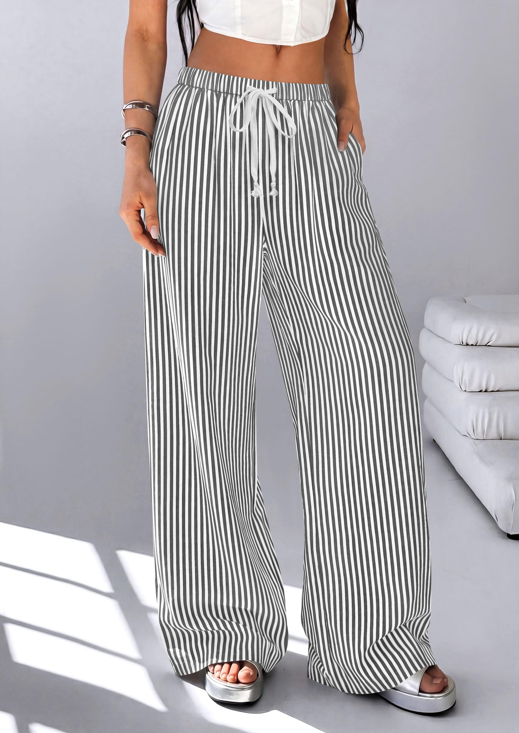 Women's Striped Wide Leg Pants 2026 Casual Palazzo with Pocket