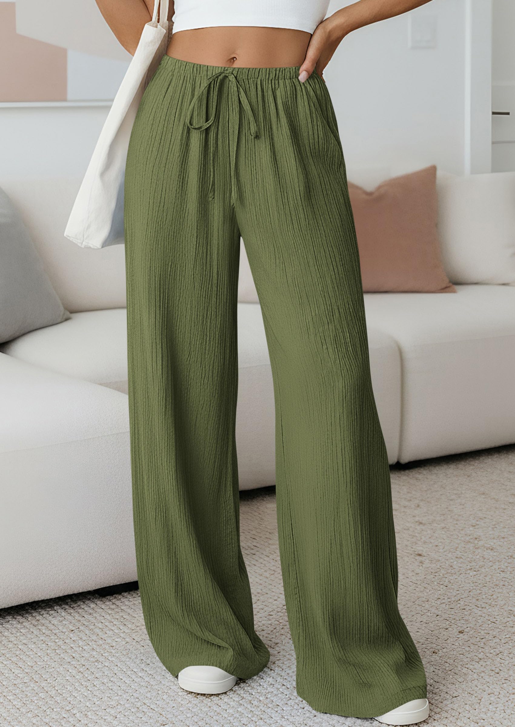 Women's Palazzo Pants Casual Wide Leg Trousers,Army Green,S