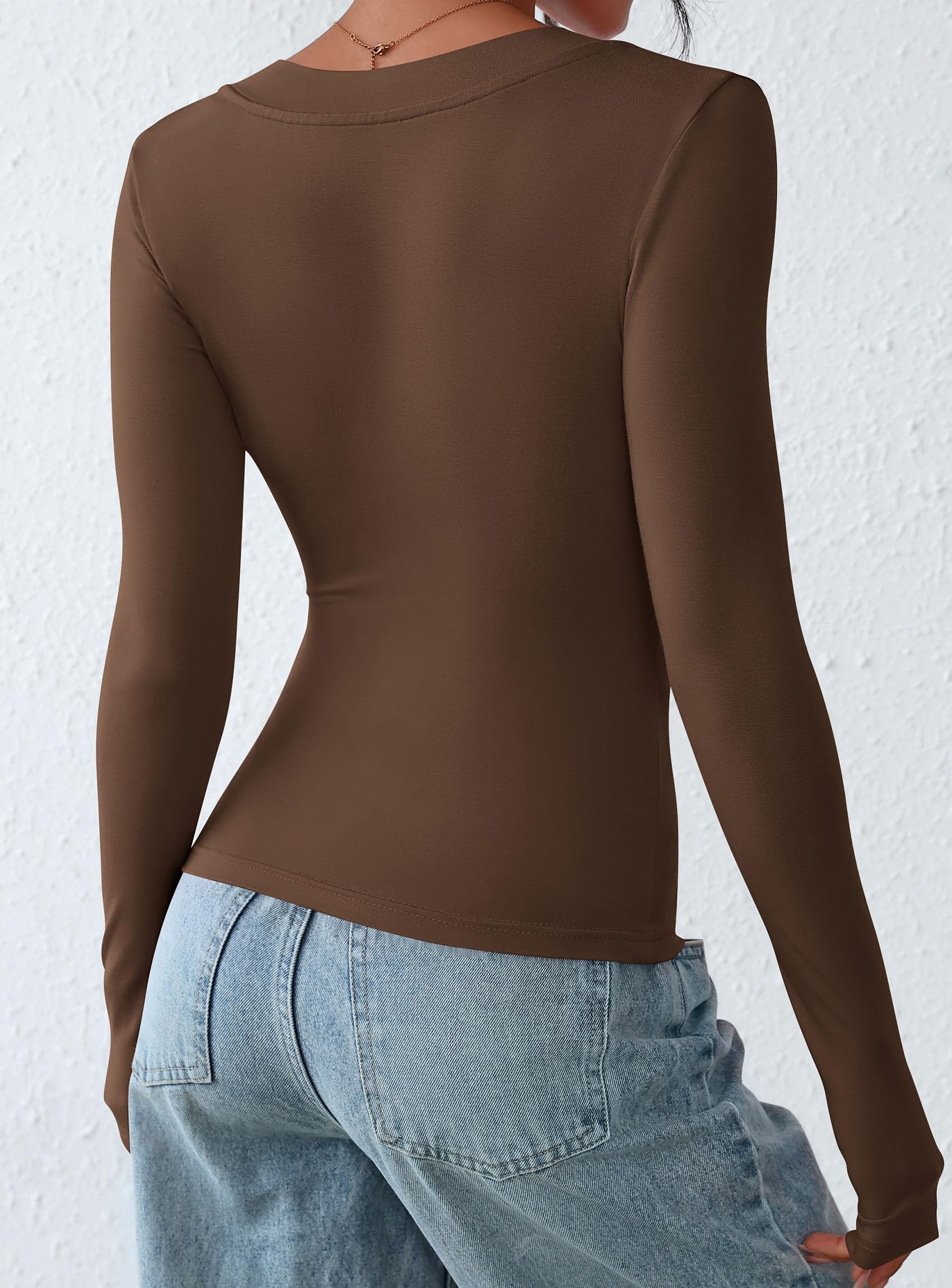 Women's V Neck Long Sleeve Shirts,Brown,X-S