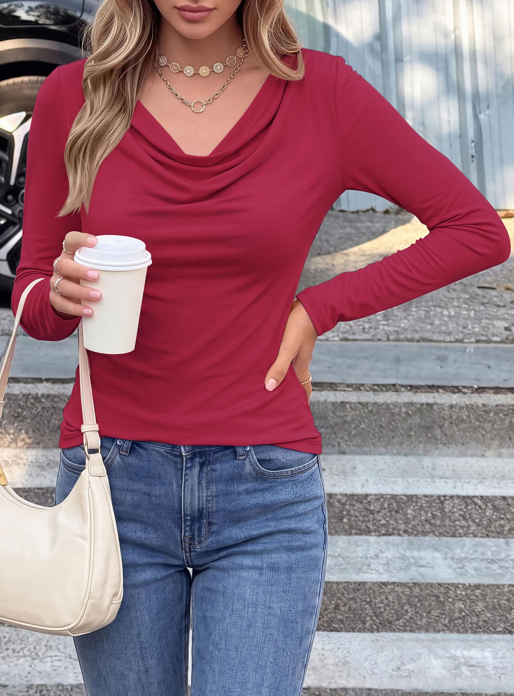 Cowl Neck Tops for Women Fashion Long Sleeve Shirt Burgundy