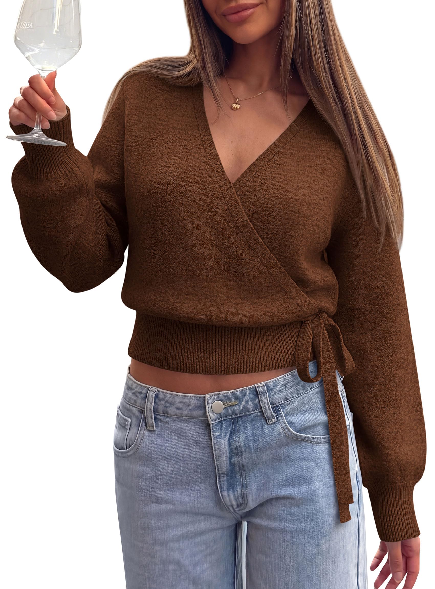 V Neck Wrap Sweaters for Women Fall Outifts Pullover Brown,S