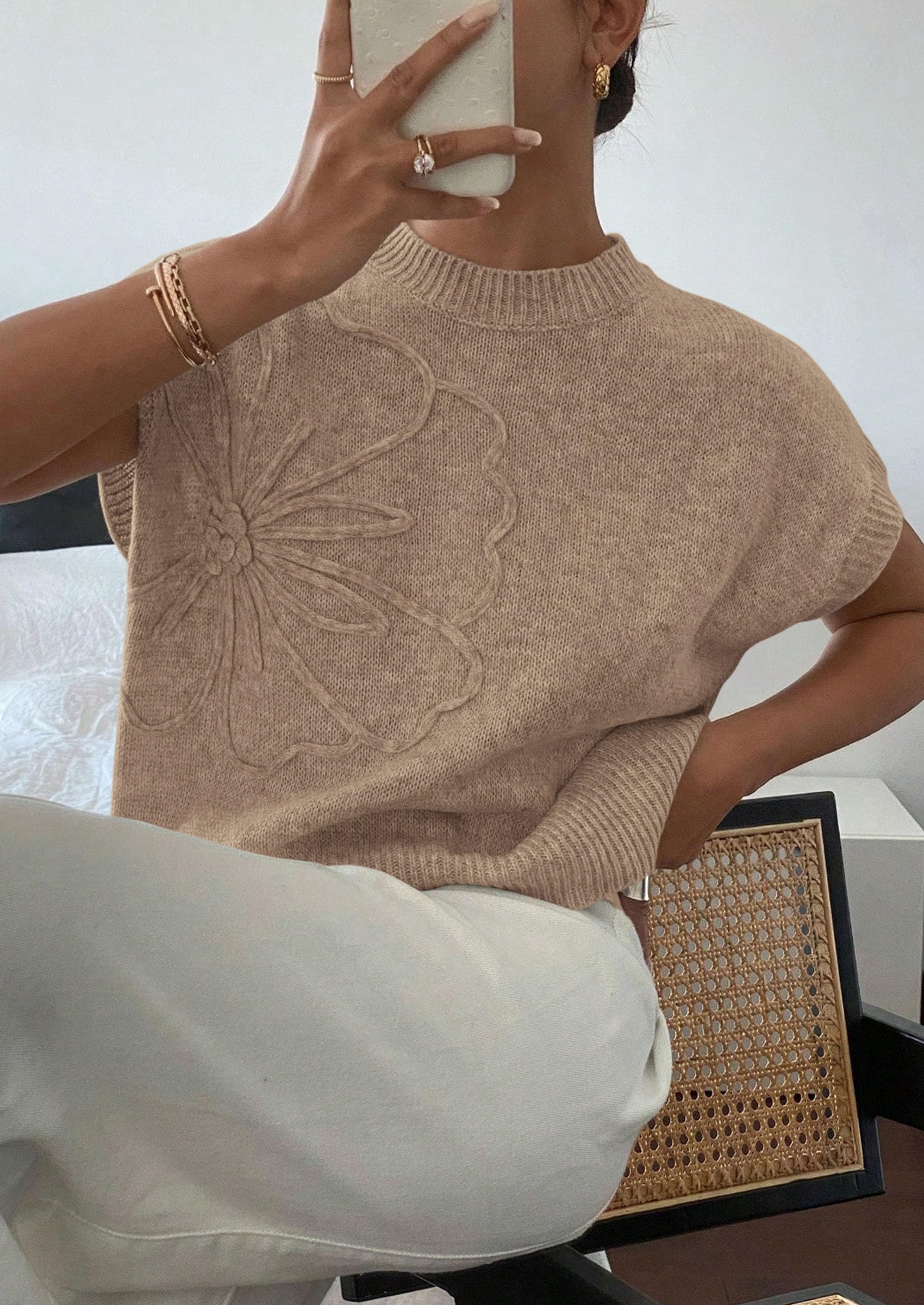 Women's Summer Short Cap Sleeve Sweater Vest (Grey Khaki,S)