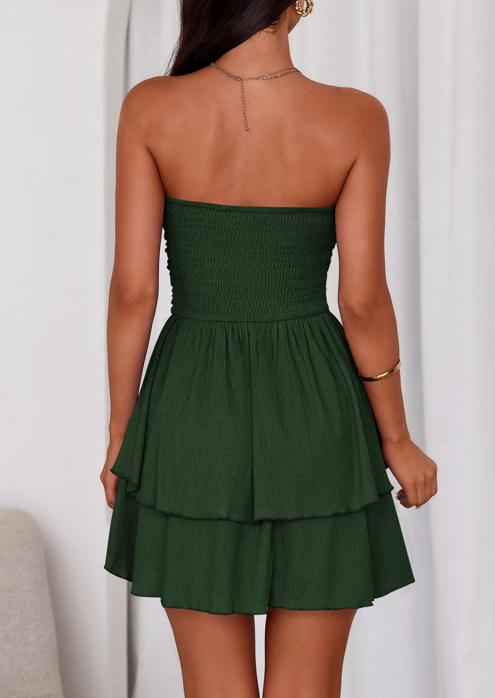 Women's Summer Strapless Flowy Mini Dresses (Dark Green,S)