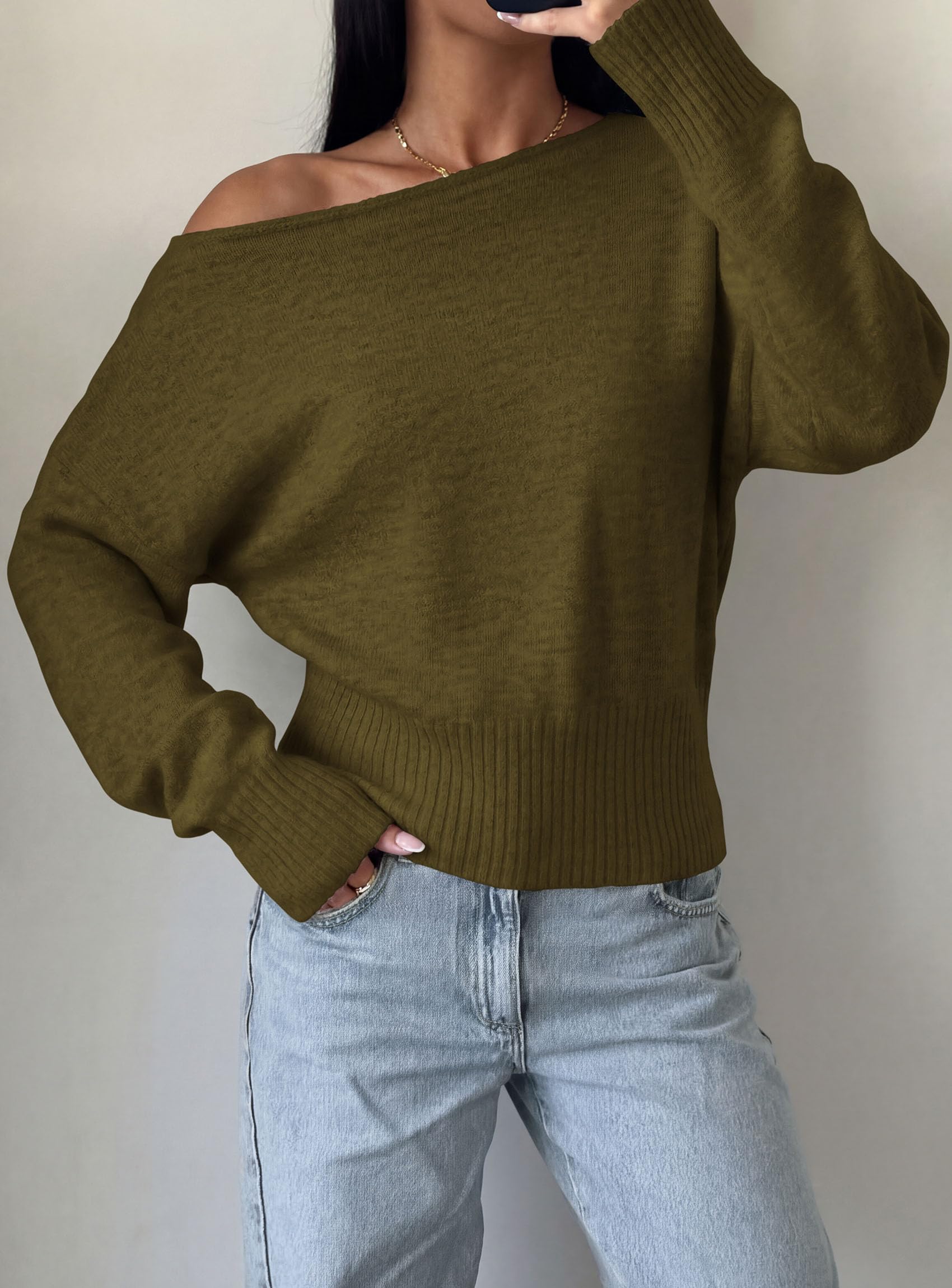 Womens Off The Shoulder Sweater Fall Fashion,Army Green,S