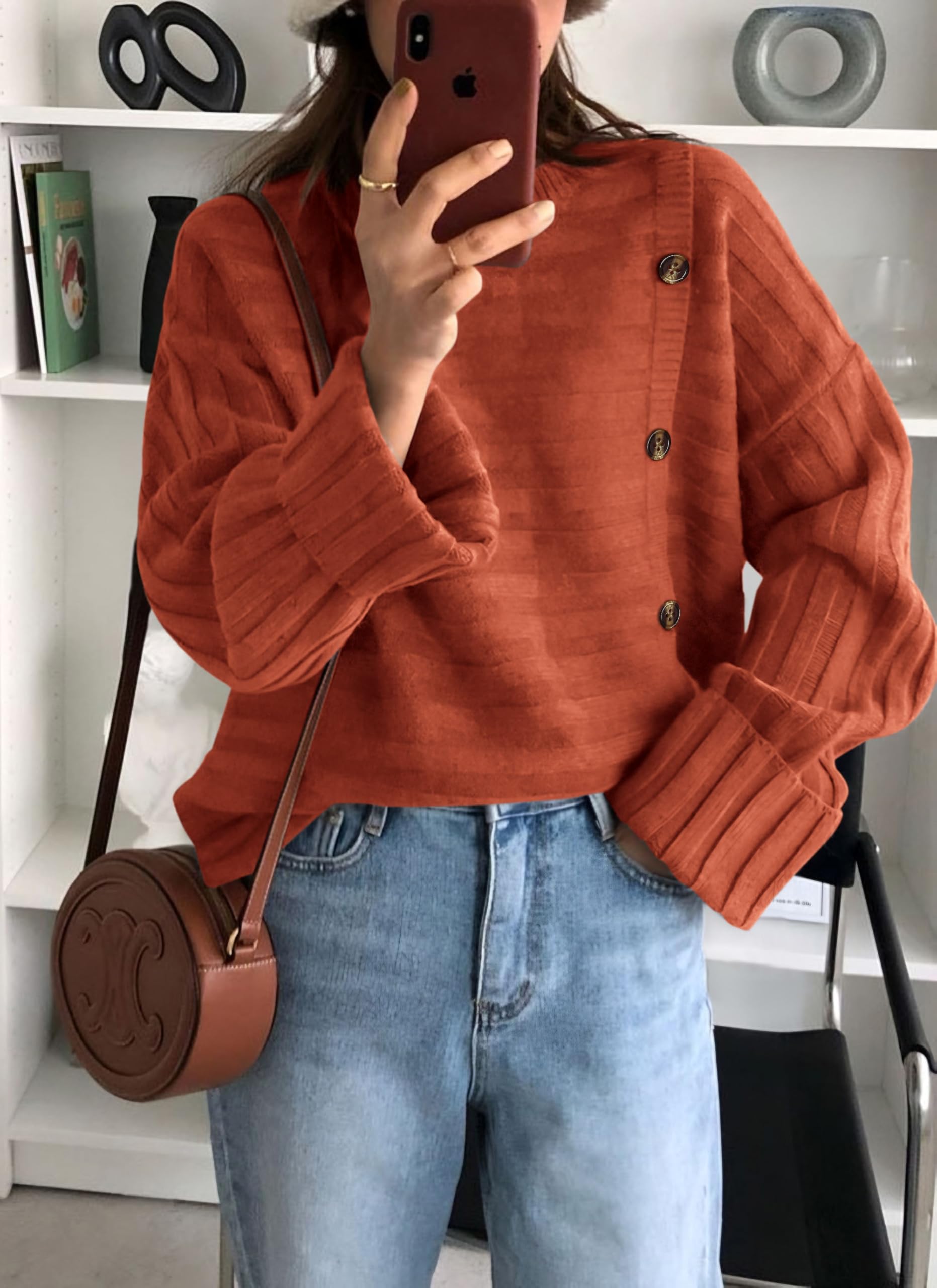 Womens Asymmetric Button Long Sleeve Sweater,Rust Red,S