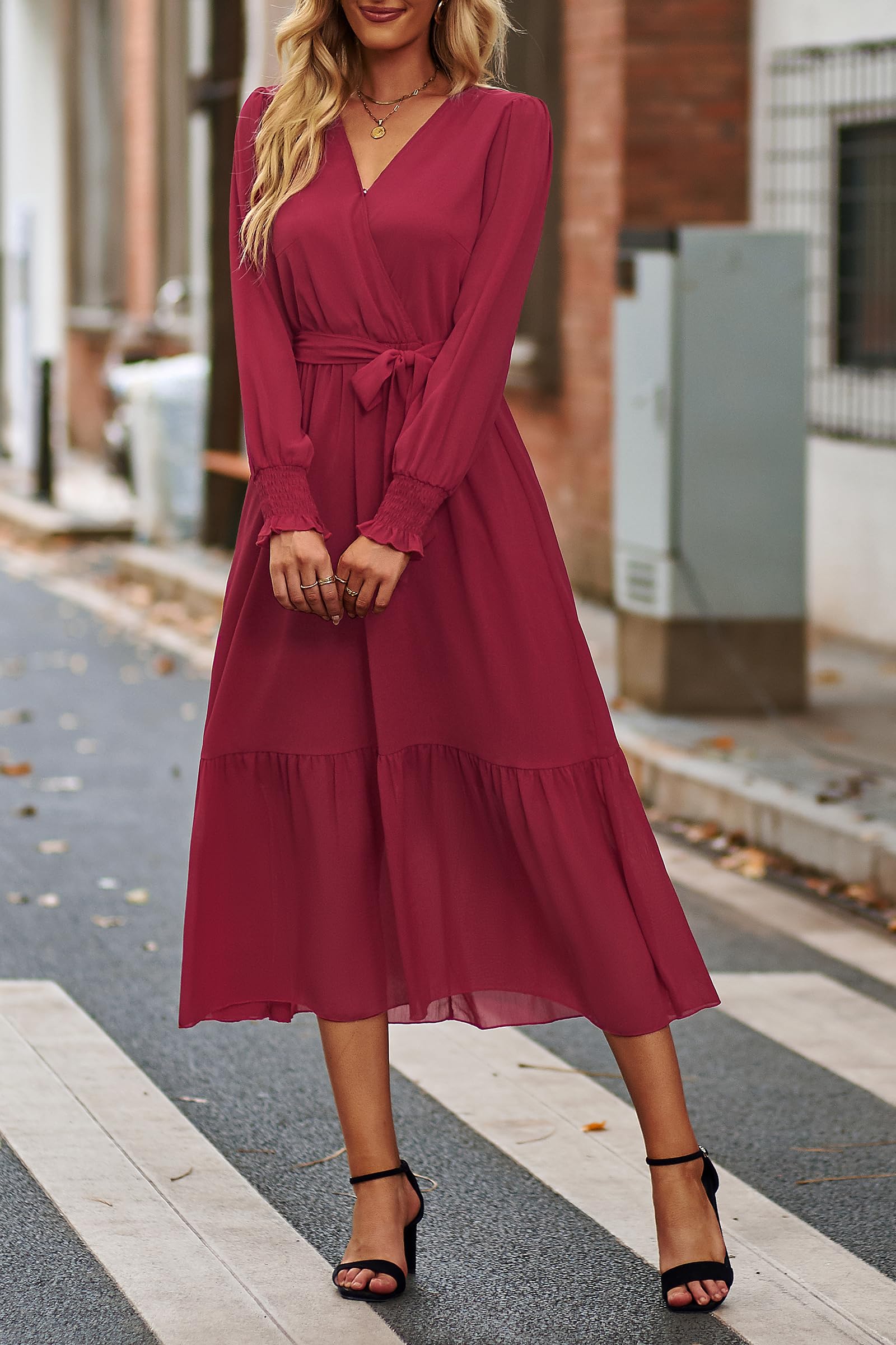 Women's Boho Long Sleeve Maxi Dress, Solid Wine Red,S