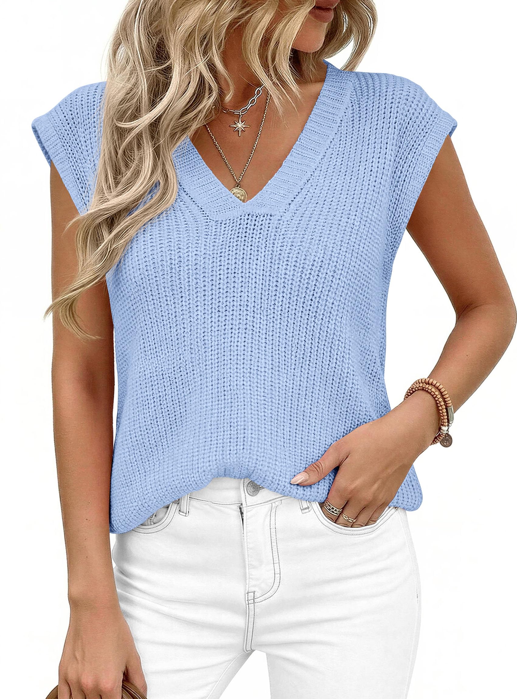 Women's Cap Sleeve Sweaters Vest Summer Tops (Light Blue,S)