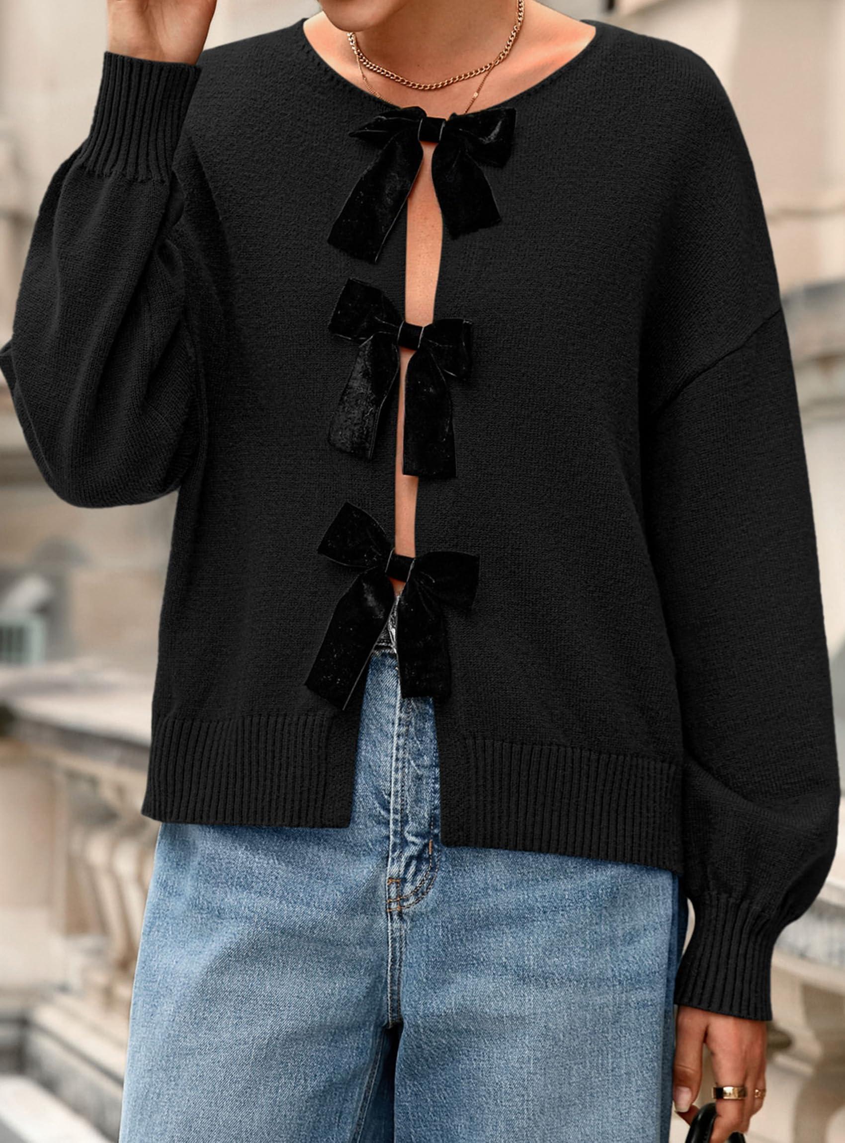 Women's Fall Bow Tie Front Cardigan Sweaters,Black,S