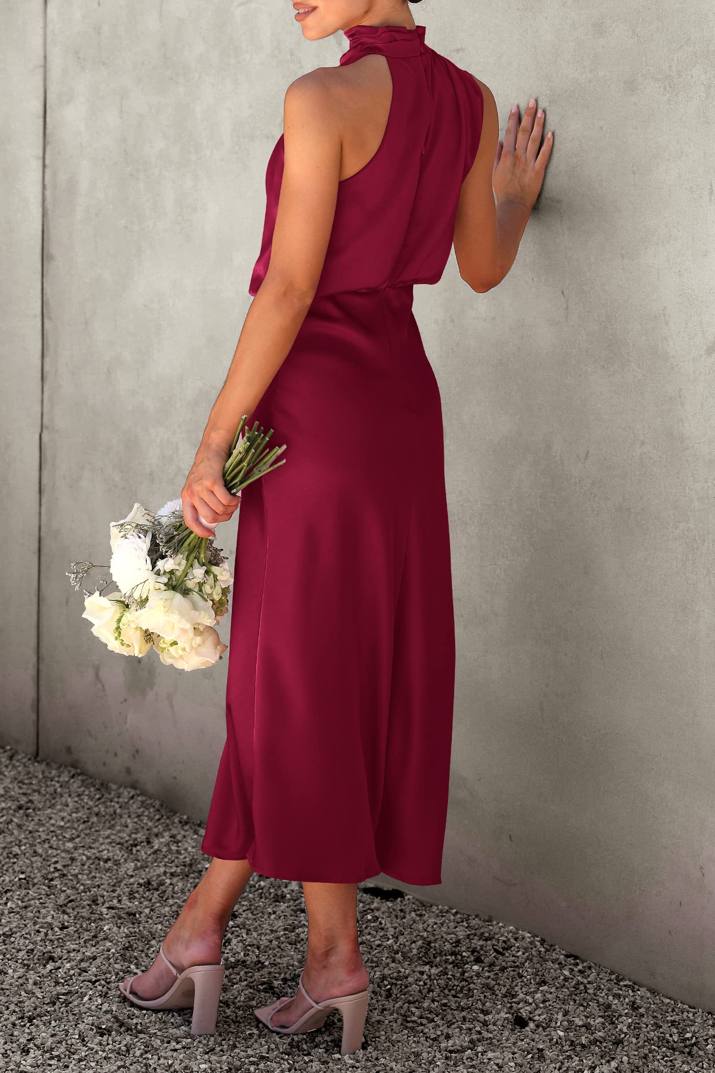 Women's Summer Satin Maxi Cocktail Dress Deep Red