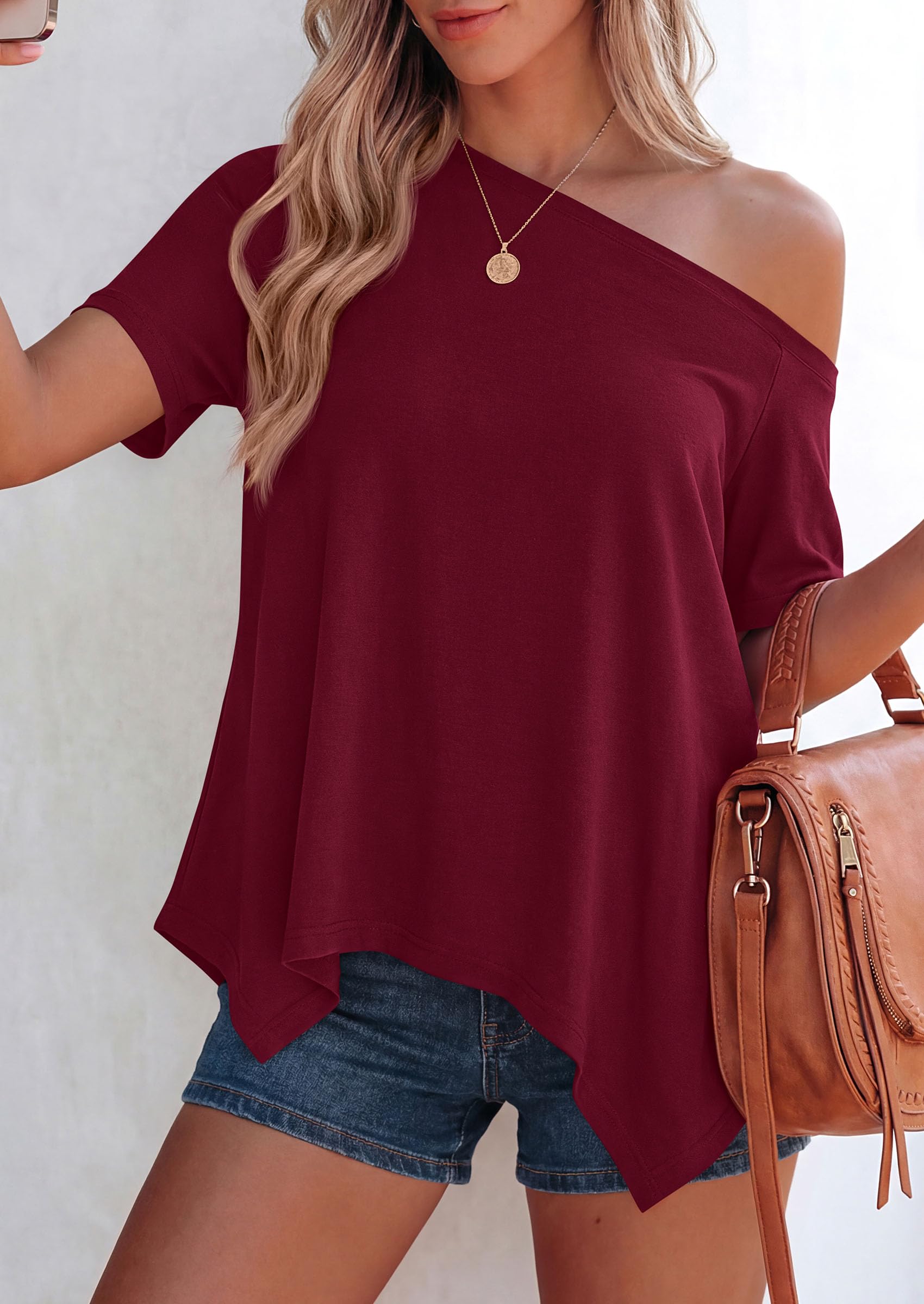 Off Shoulder Tops for Women Oversized Tshirts, Burgundy,S