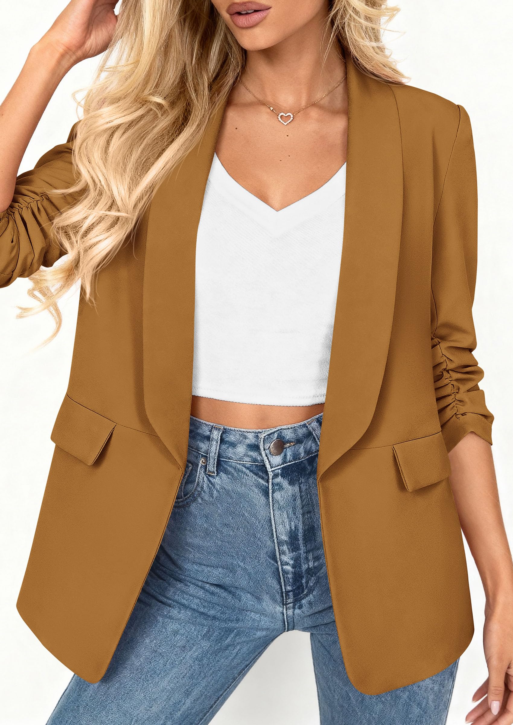 Women's Summer Blazers Business Casual Outfits Brown Yellow,XS