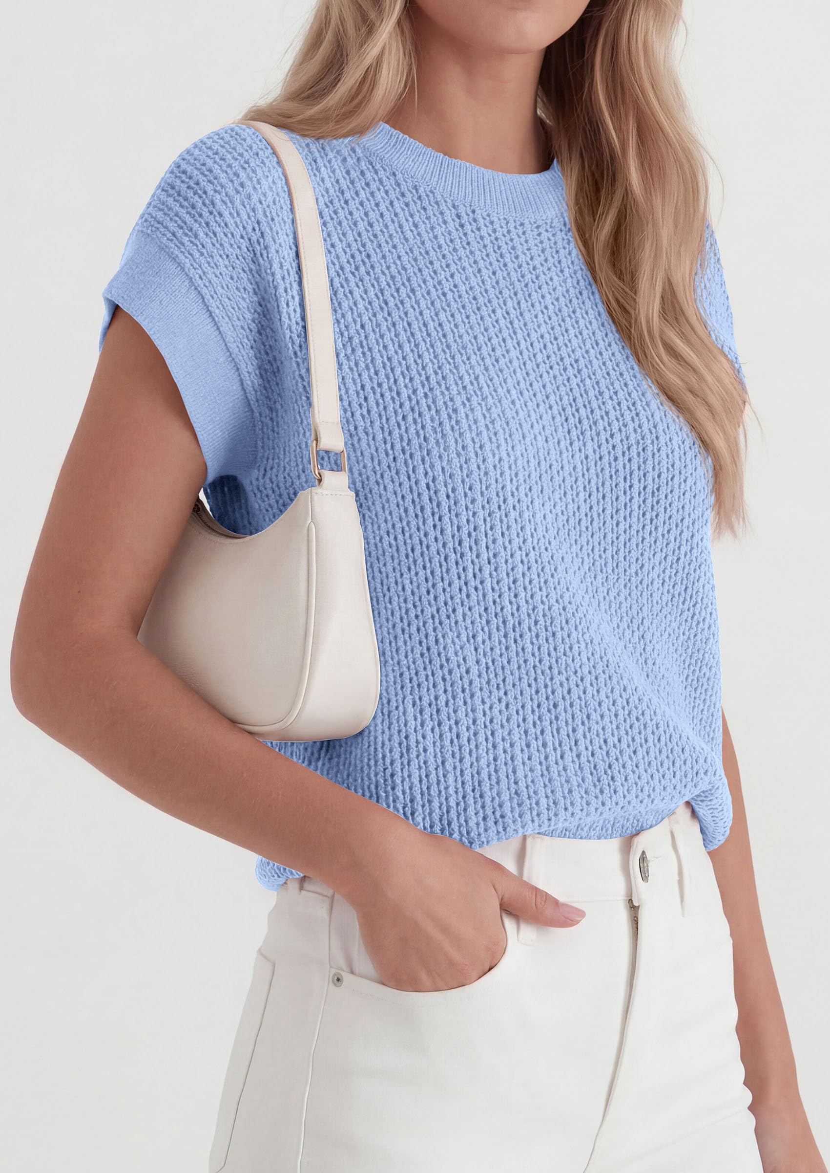 Women's Summer Sweater Vest Crochet Tops (Light Blue,S)
