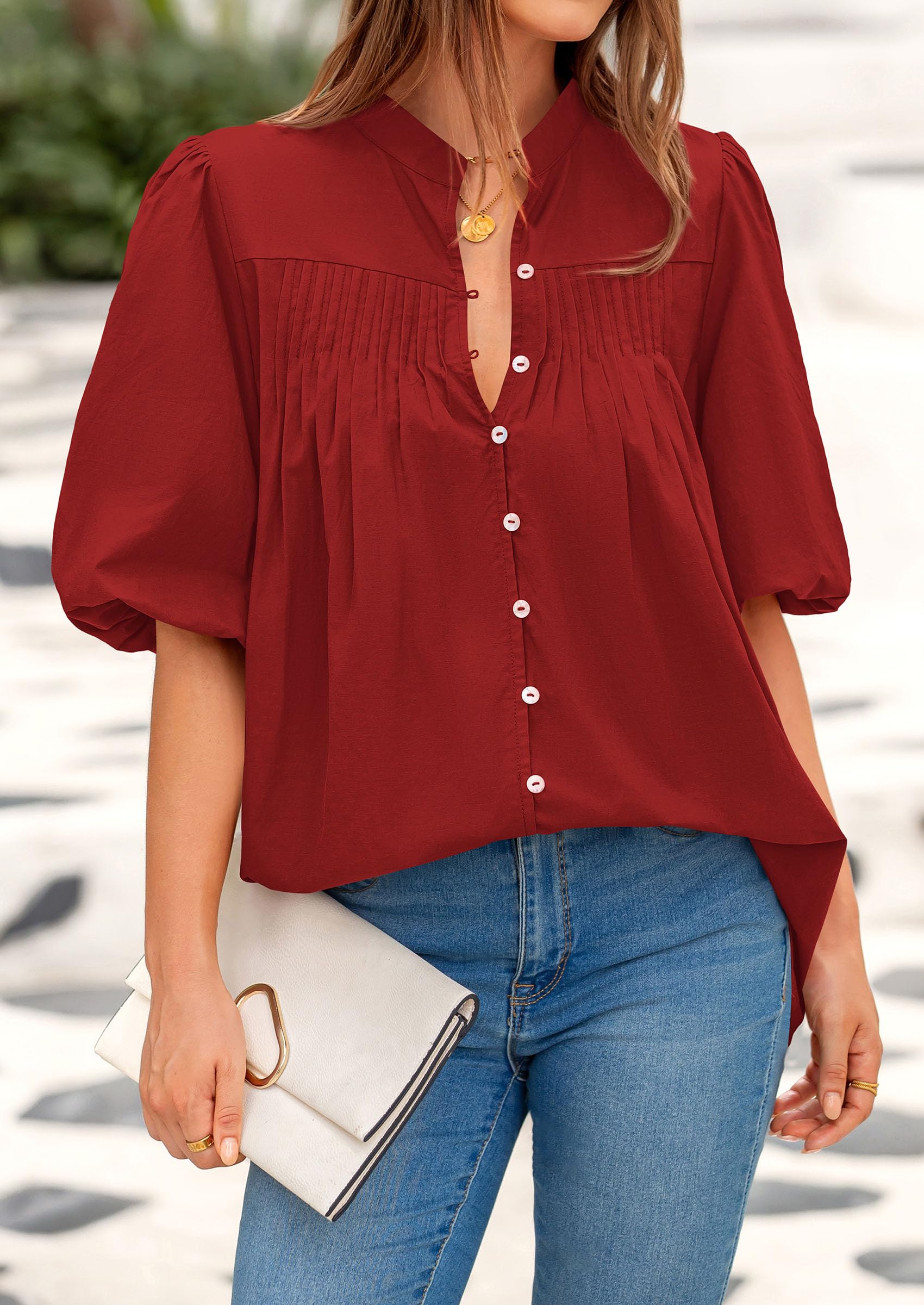 Short Sleeve Henley Shirts for Women,Red,S