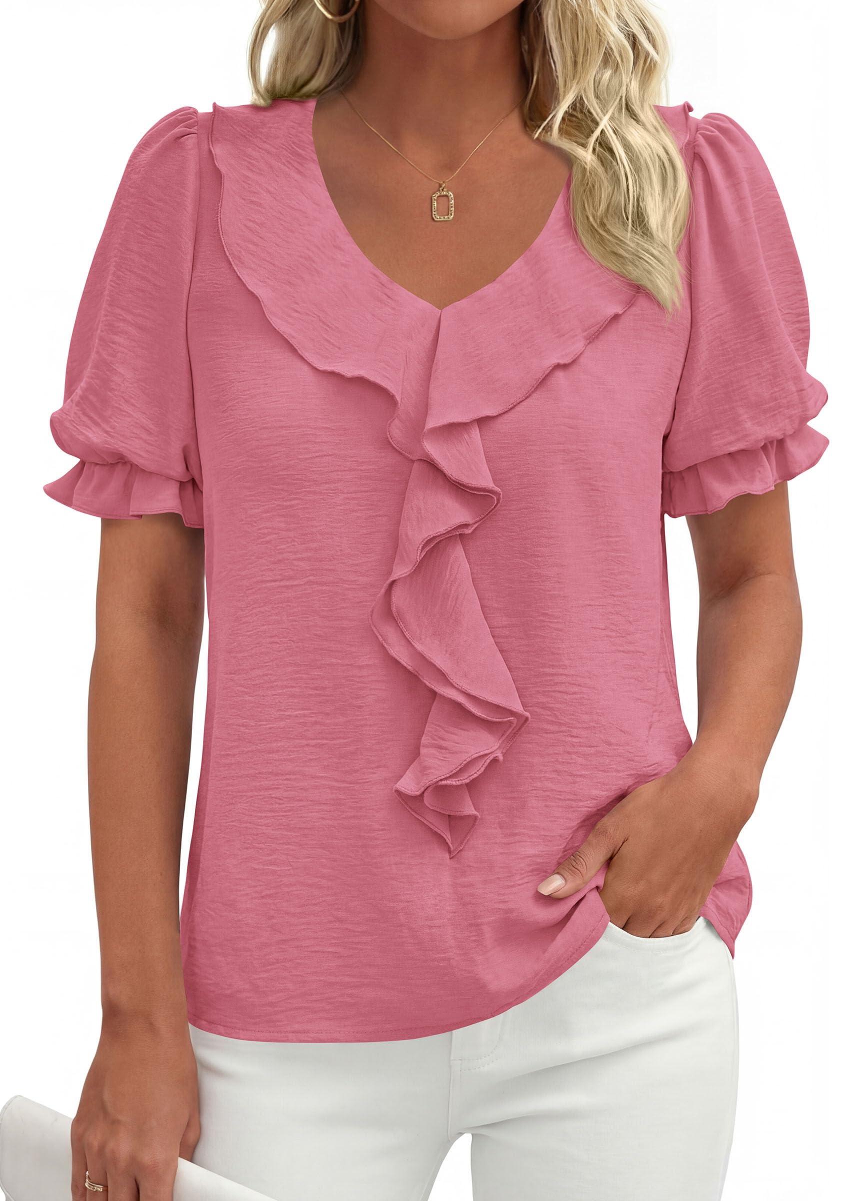 Women's Summer Ruffle Dressy Casual Blouses (Dark Pink,S)
