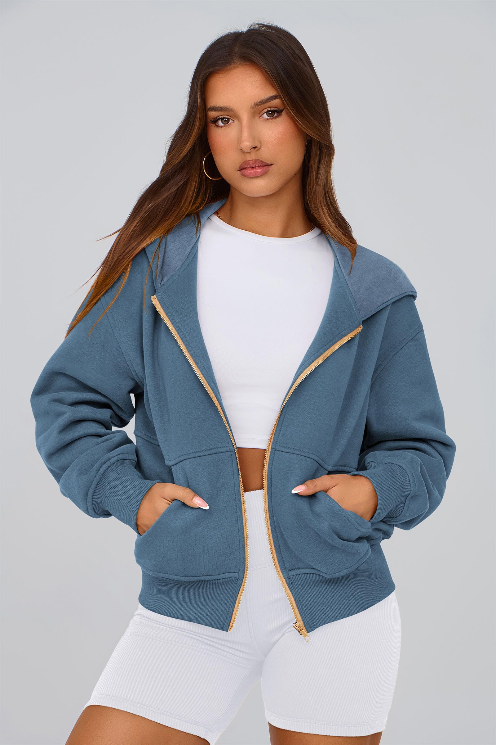 Hoodies for Women Fall Fashion Zip Up Fleece Plain Sweatshirt