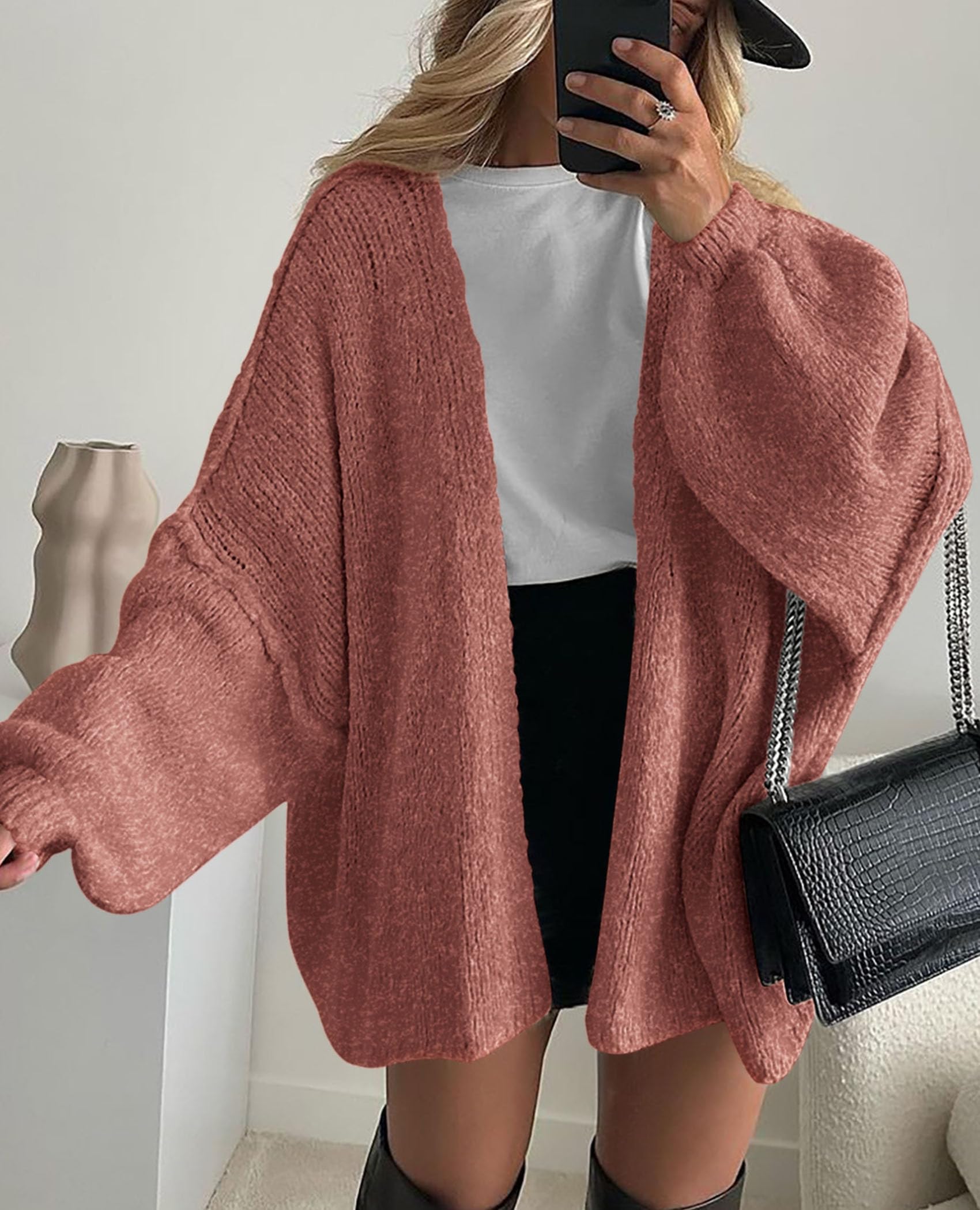 Womens Open Front Oversized Cardigan Sweaters,Grey Pink,XS