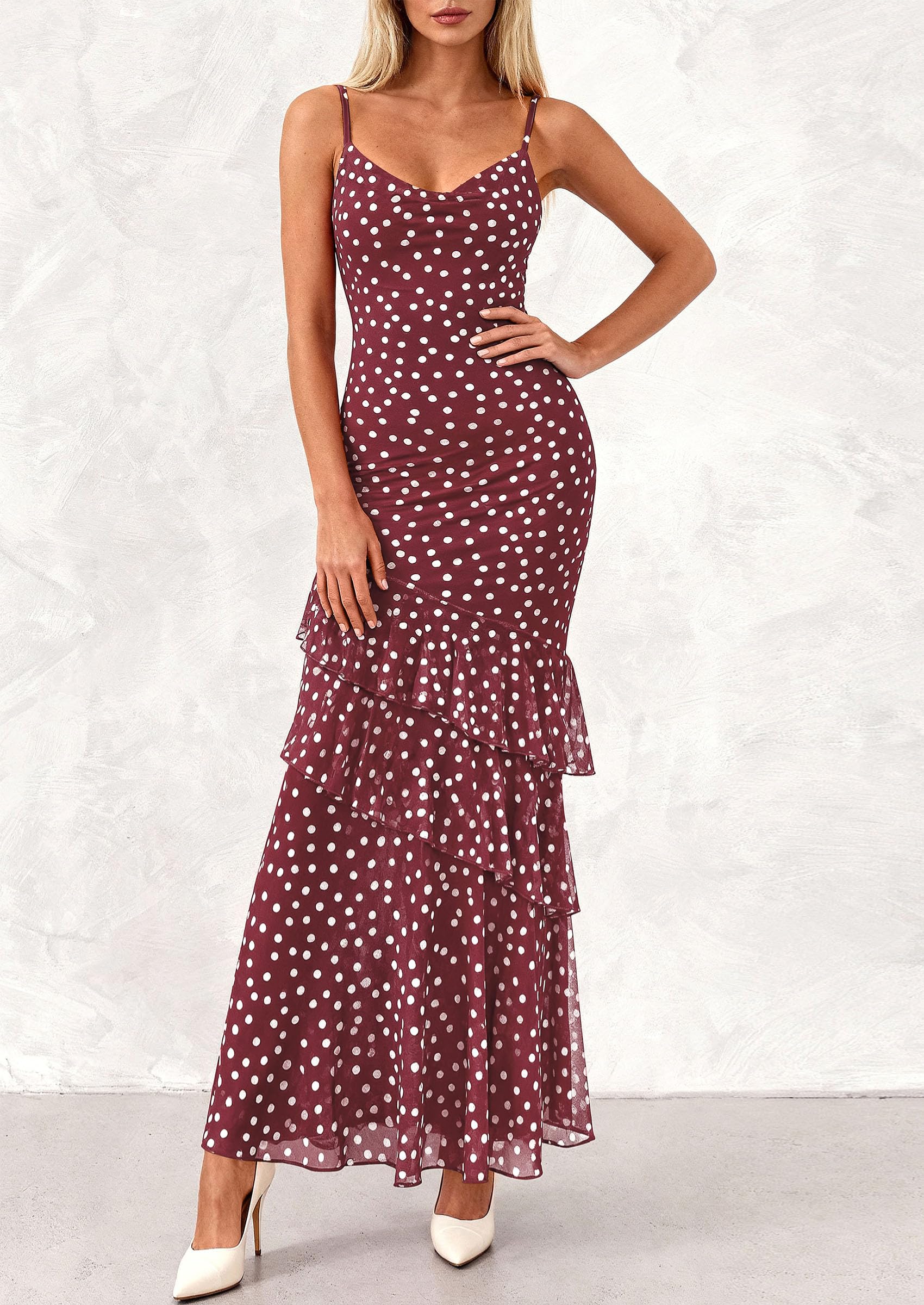 Women's Boho Floral Tiered Maxi Dress,01 Dot Burgundy White,XS