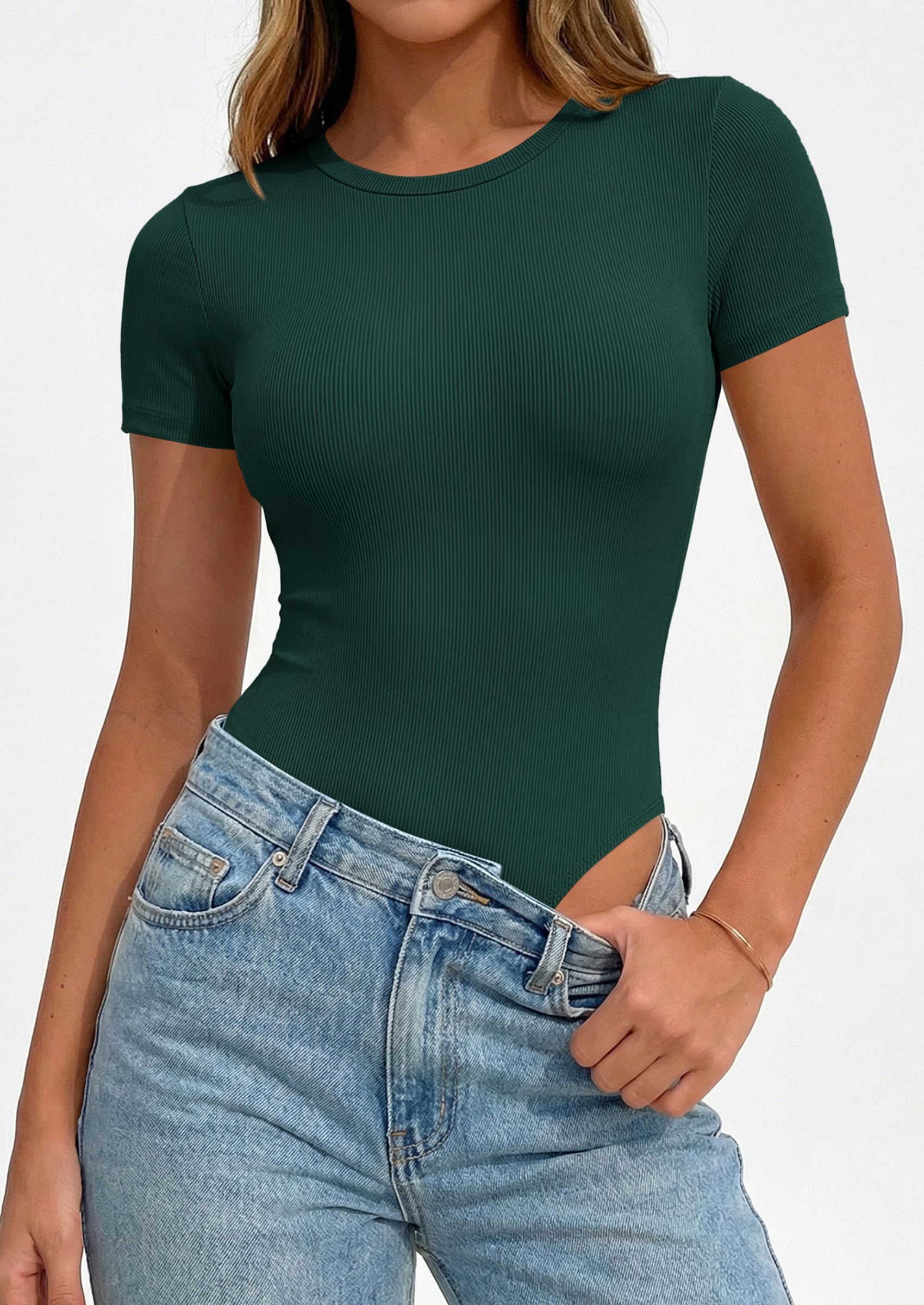 Body Suits for Womens Short Sleeve Summer Tops, Dark Green,XS
