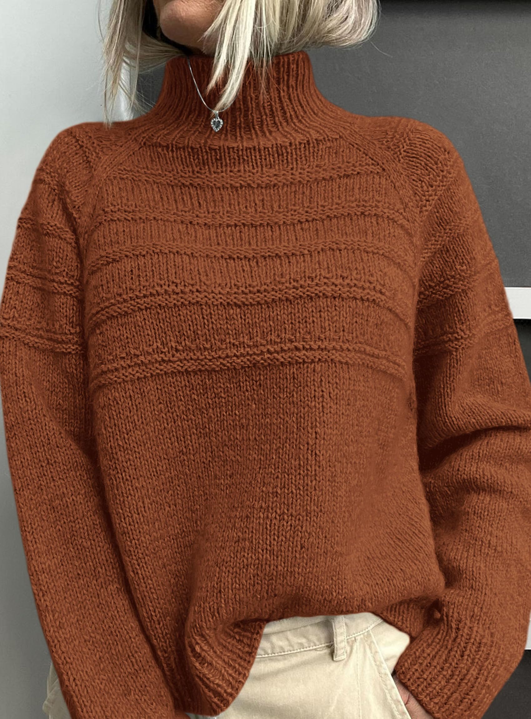 Women's Chunky Knit Mock Neck Pullover Sweaters,Caramel,S