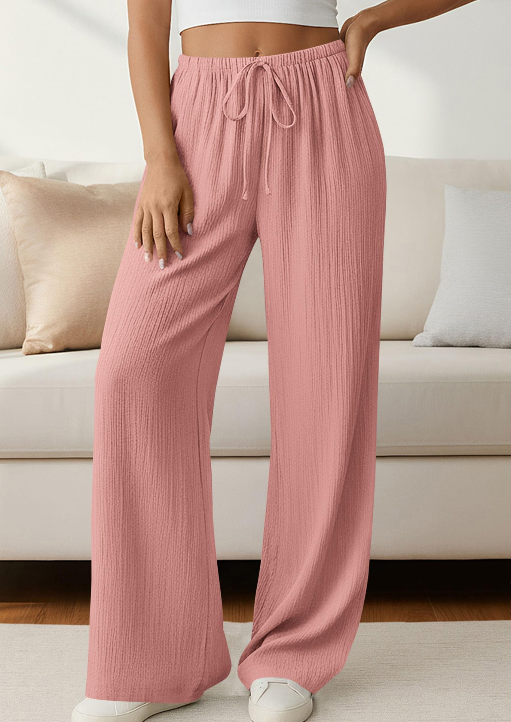 Women's Palazzo Pants Casual Wide Leg Trousers,Pink,S