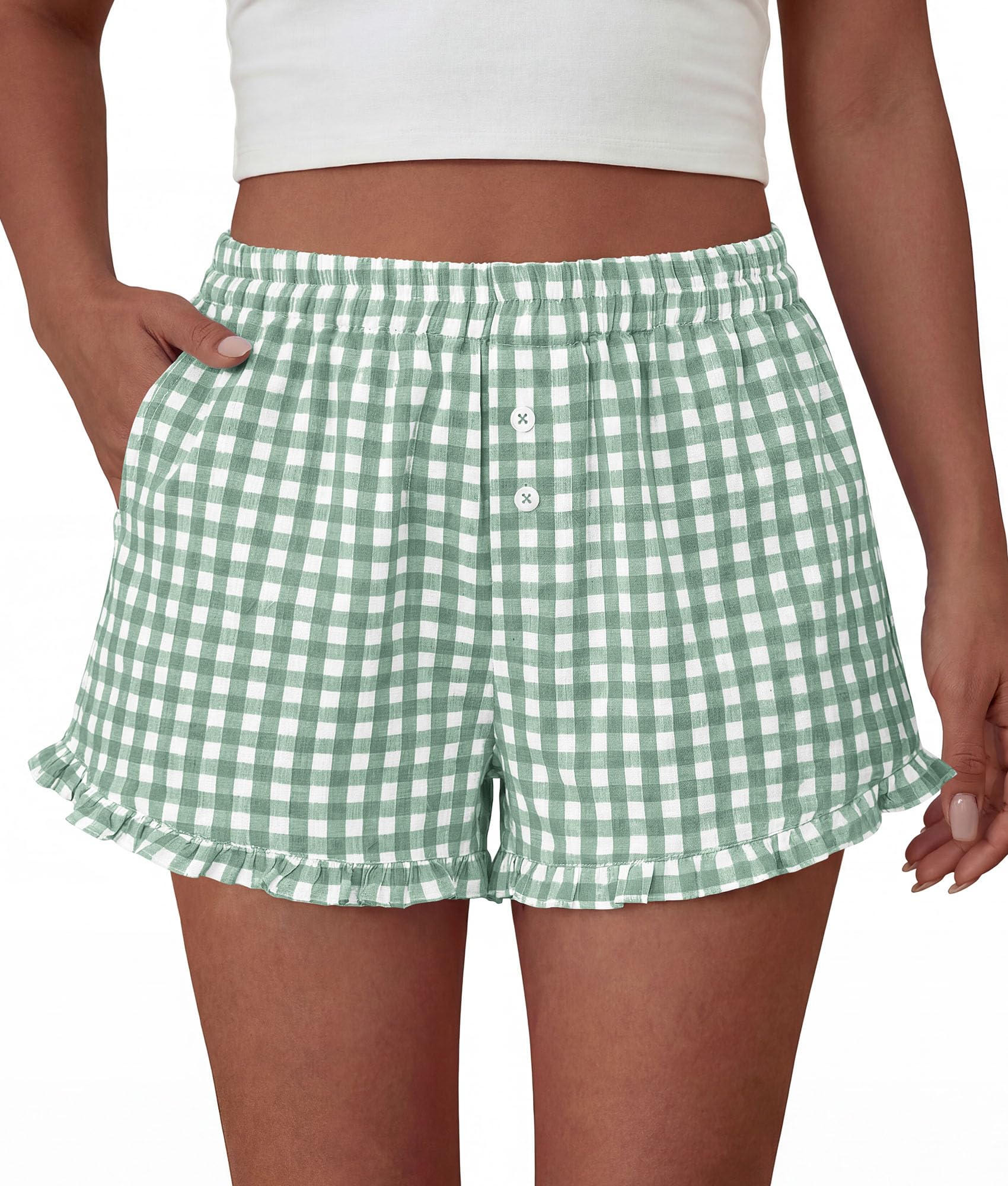 Womens Boxer Shorts Striped Gingham Ruffle Pajama Bottoms