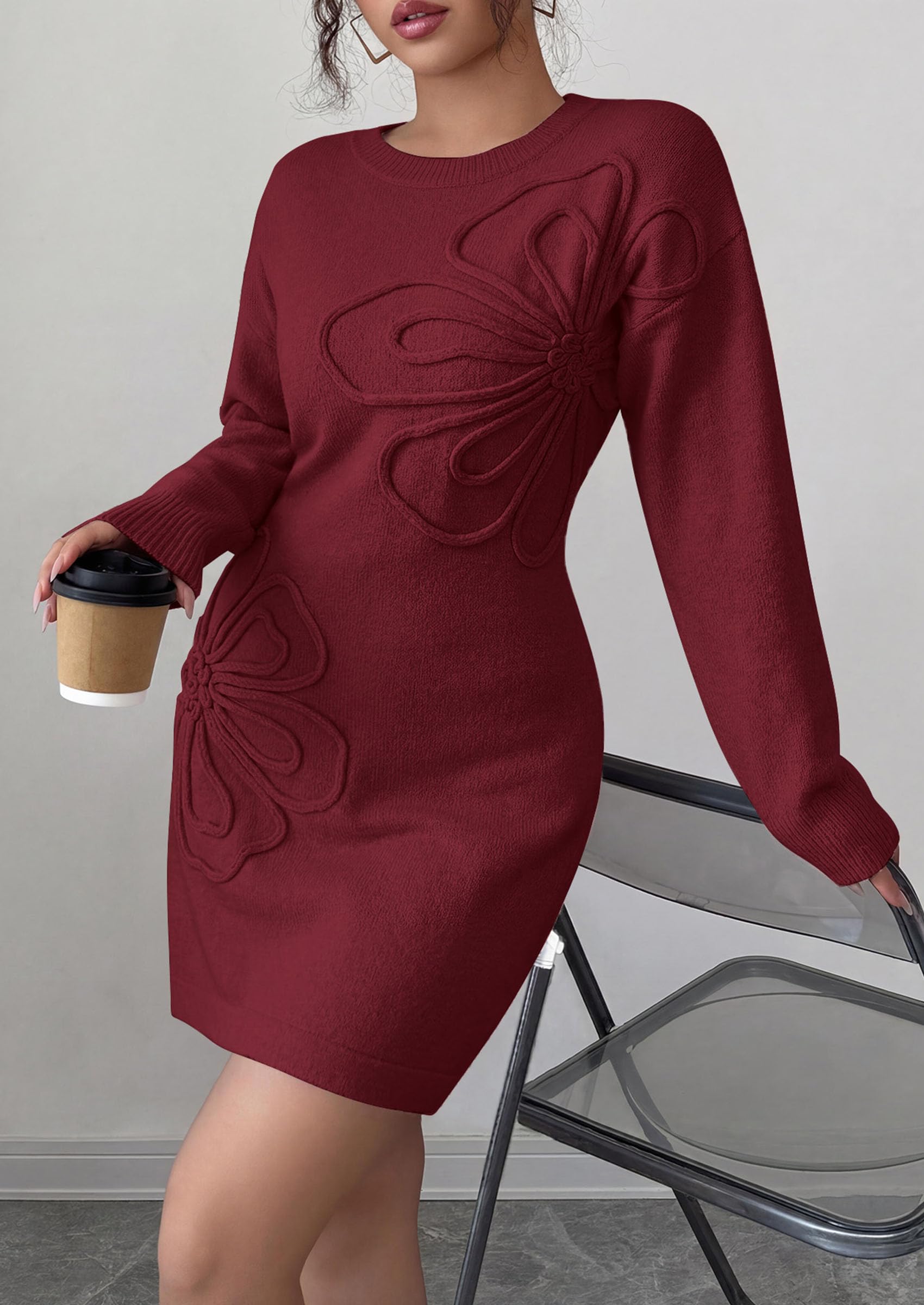 Women's Embroidered Long Sleeve Bodycon Mini Sweater Dress