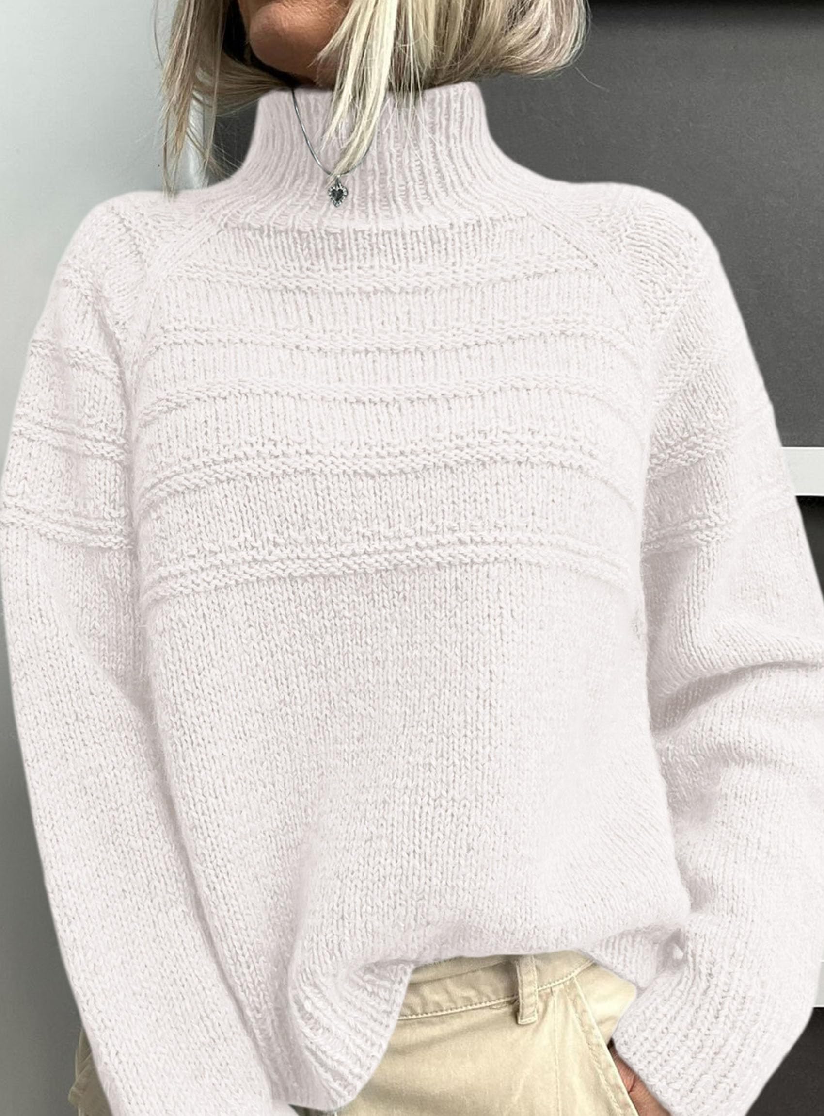 Women's Chunky Knit Mock Neck Pullover Sweaters,White,S