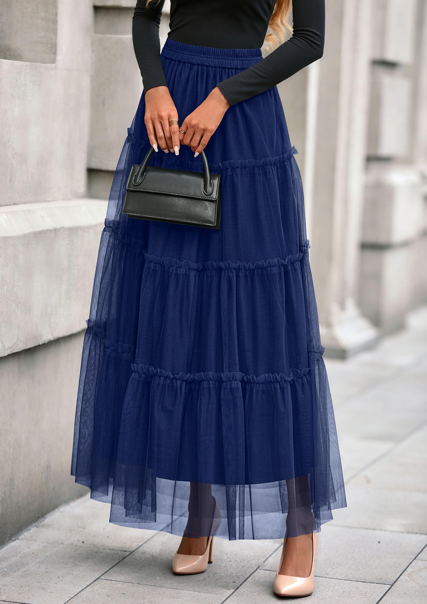 Women's Fall Soft Tulle Tiered Long Skirt,Navy Blue,S